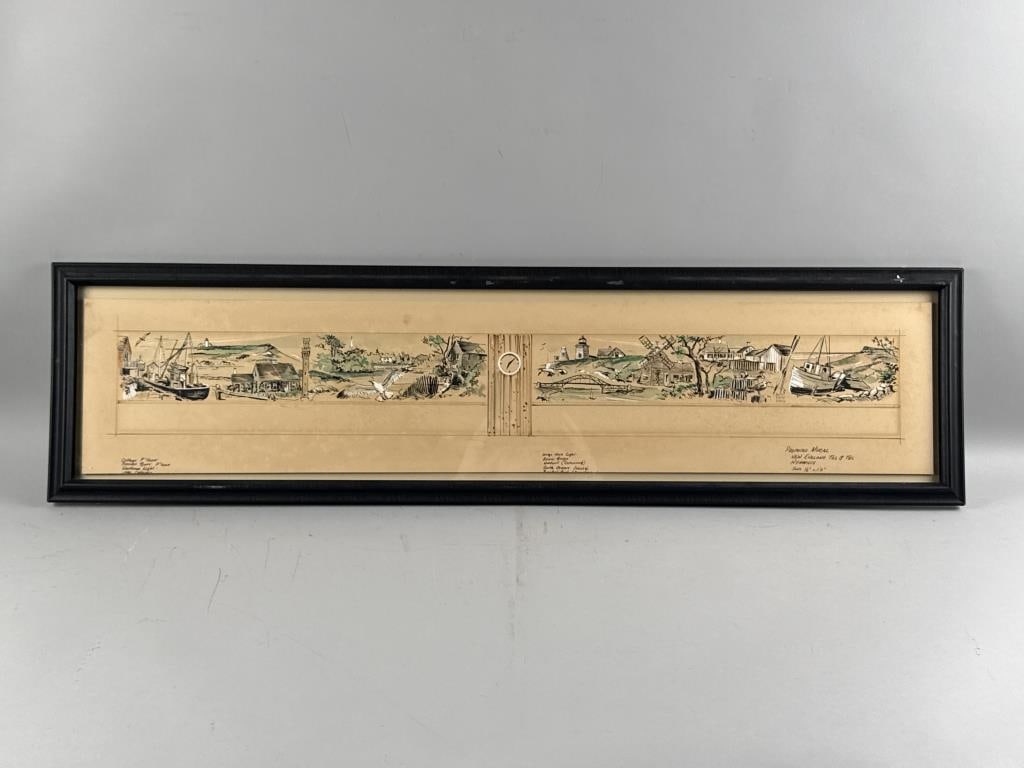 SAMUEL EMRYS EVANS (Maine, 1917-1997), "Proposed Mural for the New England Tel & Tel, Hyannis"., Ink: SAMUEL EMRYS EVANS Maine, 1917-1997 "Proposed Mural for the New England Tel & Tel, Hyannis". Scale: 1/2" = 1.0". Includes "Cottage P'town", "Fishing boat", "P'town", "Eastham Light", "1790 Cottage", "