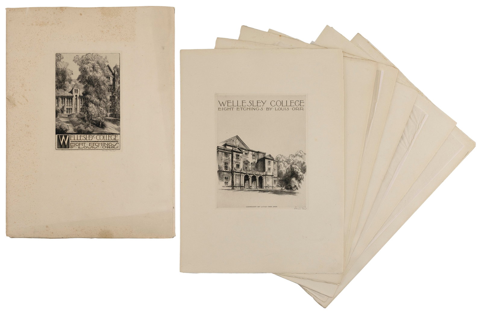 PORTFOLIO "WELLESLEY COLLEGE" BY LOUIS ORR 1929. Etchings, sheets 19" x 13.75". Unframed.: PORTFOLIO "WELLESLEY COLLEGE" BY LOUIS ORR 1929. Includes eight views plus cover. Each signed in pencil lower right. Etchings, sheets 19" x 13.75". Unframed.
