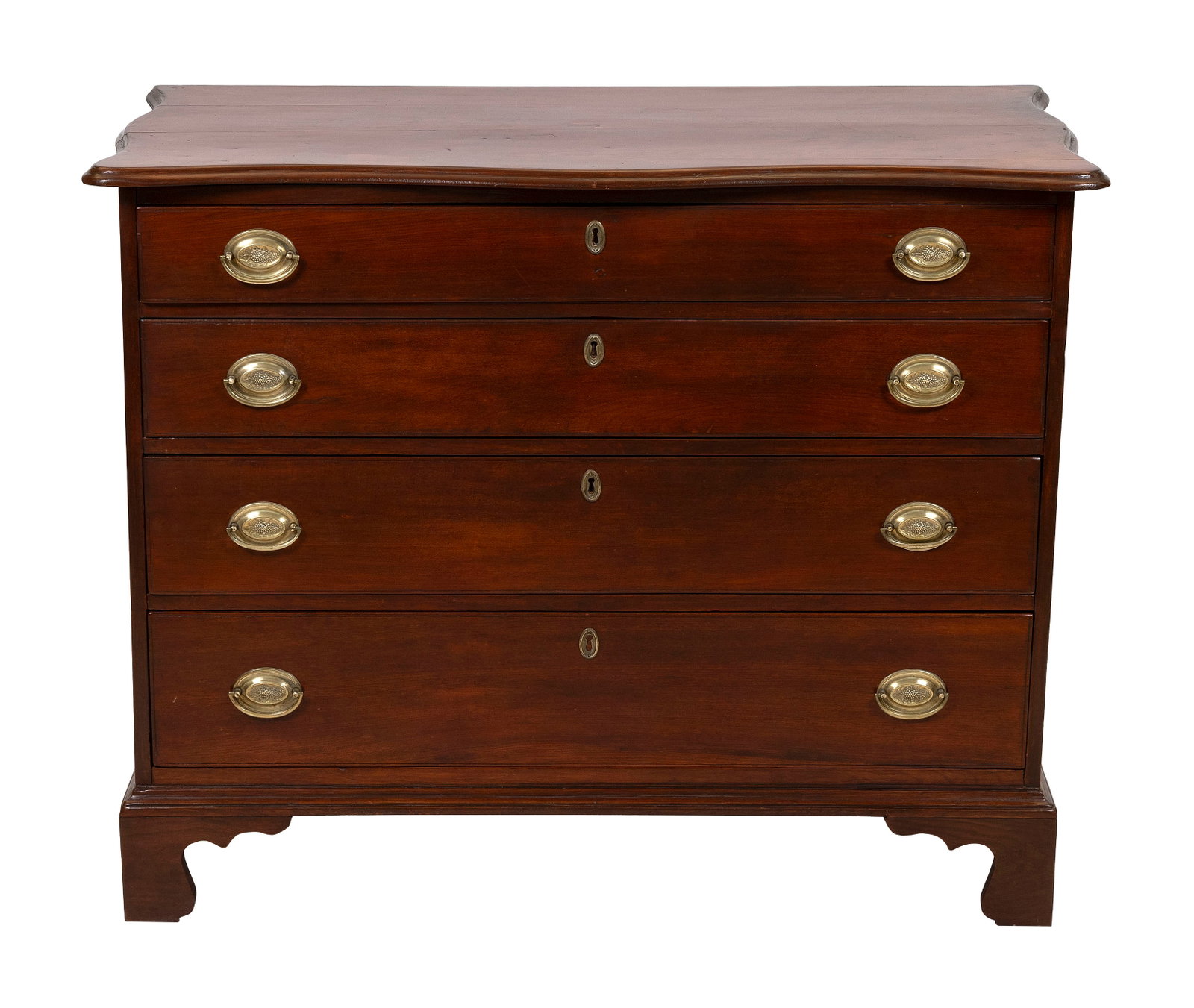 CHIPPENDALE CHERRY FOUR-DRAWER BUREAU 19th Century Height 33.5". Width 41". Depth 20".: CHIPPENDALE CHERRY FOUR-DRAWER BUREAU 19th Century Serpentine top over four graduated full-width drawers. Shaped bracket base. Height 33.5". Width 41". Depth 20".