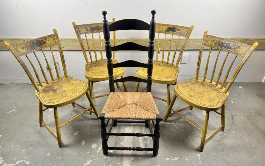 FIVE SIDE CHAIRS 19th Century Back heights to 33". Seat heights 17".: FIVE SIDE CHAIRS 19th Century 1-4) Four yellow-painted thumb-back chairs with fruit decoration on the crests. Stamped on undersides "P.A. Willard". 5) Black-painted ladderback chair with rush seat. Ba