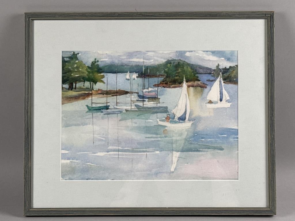 VIEW OF SAILBOATS ON A LAKE Contemporary Watercolor on paper, 10.25" x 14". Framed 16" x 19.75".: VIEW OF SAILBOATS ON A LAKE Contemporary Unsigned. Inscribed verso "Lee Barrett (Nate's Mom) 8/18". Watercolor on paper, 10.25" x 14". Framed 16" x 19.75".
