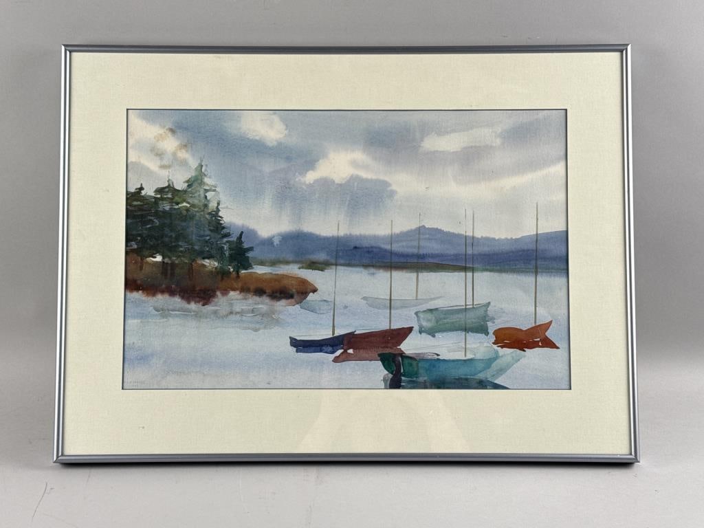 VIEW OF SAILBOATS IN A MOUNTAIN LAKE Contemporary Watercolor on paper, 13.25" x 20.75". Framed: VIEW OF SAILBOATS IN A MOUNTAIN LAKE Contemporary Unsigned. Inscribed verso "Lee Barrett (Nate's Mom) 8/18". Watercolor on paper, 13.25" x 20.75". Framed 19.75" x 27.25".