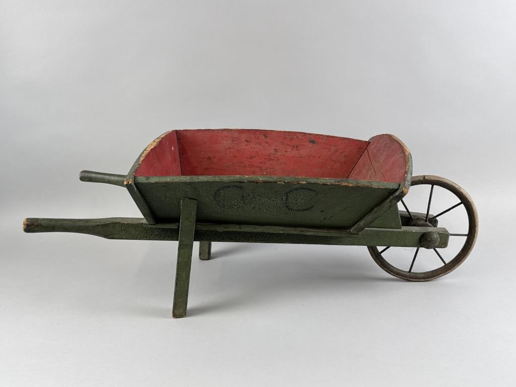 CHILD'S-SIZE WOODEN WHEELBARROW Early 20th Century Height 10". Length approx. 28.5". (1 of 6)