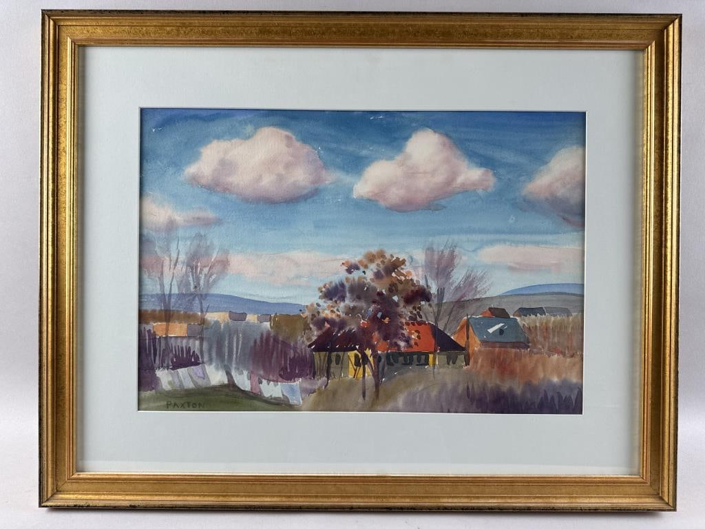 AMERICAN SCHOOL (20th Century,), The clothesline., Watercolor on paper, 14" x 20.5". Framed 22" x (1 of 3)