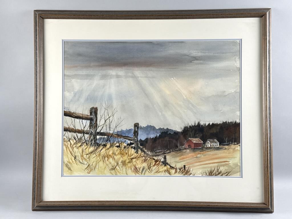 BRENTON H. DICKSON (Massachusetts, 1937-2025), Landscape with barns., Watercolor on paper, 18.5" x: BRENTON H. DICKSON Massachusetts, 1937-2025 Landscape with barns. Artist identified and family provenance verso. Watercolor on paper, 18.5" x 24" sight. Framed 27" x 33".