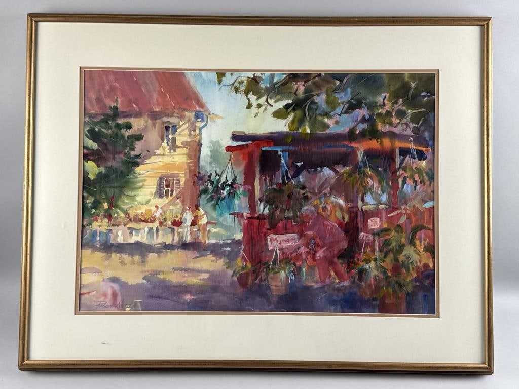 ROBERT NOREIKA (20th Century), Flower vendor., Watercolor on paper, 19.5" x 28.5". Framed 30" x 38".: ROBERT NOREIKA 20th Century Flower vendor. Signed lower left "Robert Noreika". Watercolor on paper, 19.5" x 28.5". Framed 30" x 38".
