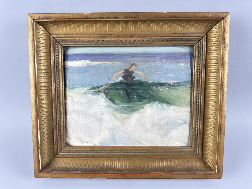 ATTRIBUTED TO CHARLES H. WOODBURY (Massachusetts, 1864-1940), "The Breaker", Oil on artist board,: ATTRIBUTED TO CHARLES H. WOODBURY Massachusetts, 1864-1940 "The Breaker", depicting a woman in a breaking wave. Unsigned. Titled verso. Notations verso attribute the work to Woodbury. Oil on artist bo