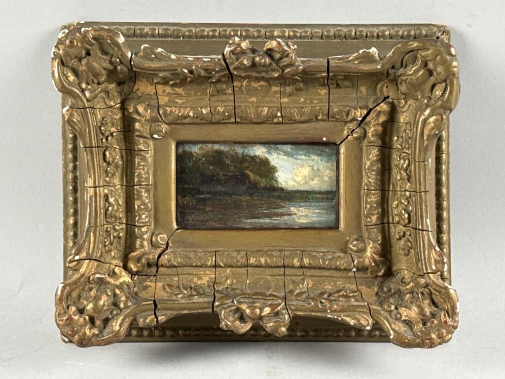 ENGLISH OR CONTINENTAL SCHOOL (19th Century,), Landscape with house., Oil on paper/cardboard, 2" x: ENGLISH OR CONTINENTAL SCHOOL 19th Century Landscape with house. Signed illegibly lower left. Oil on paper/cardboard, 2" x 3.75". Framed 7.5" x 9".