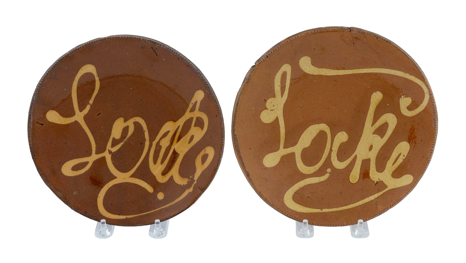 PAIR OF CONNECTICUT REDWARE POTTERY SLIP-DECORATED LUNCHEON PLATES Norwalk, 19th Century Diameters (1 of 3)