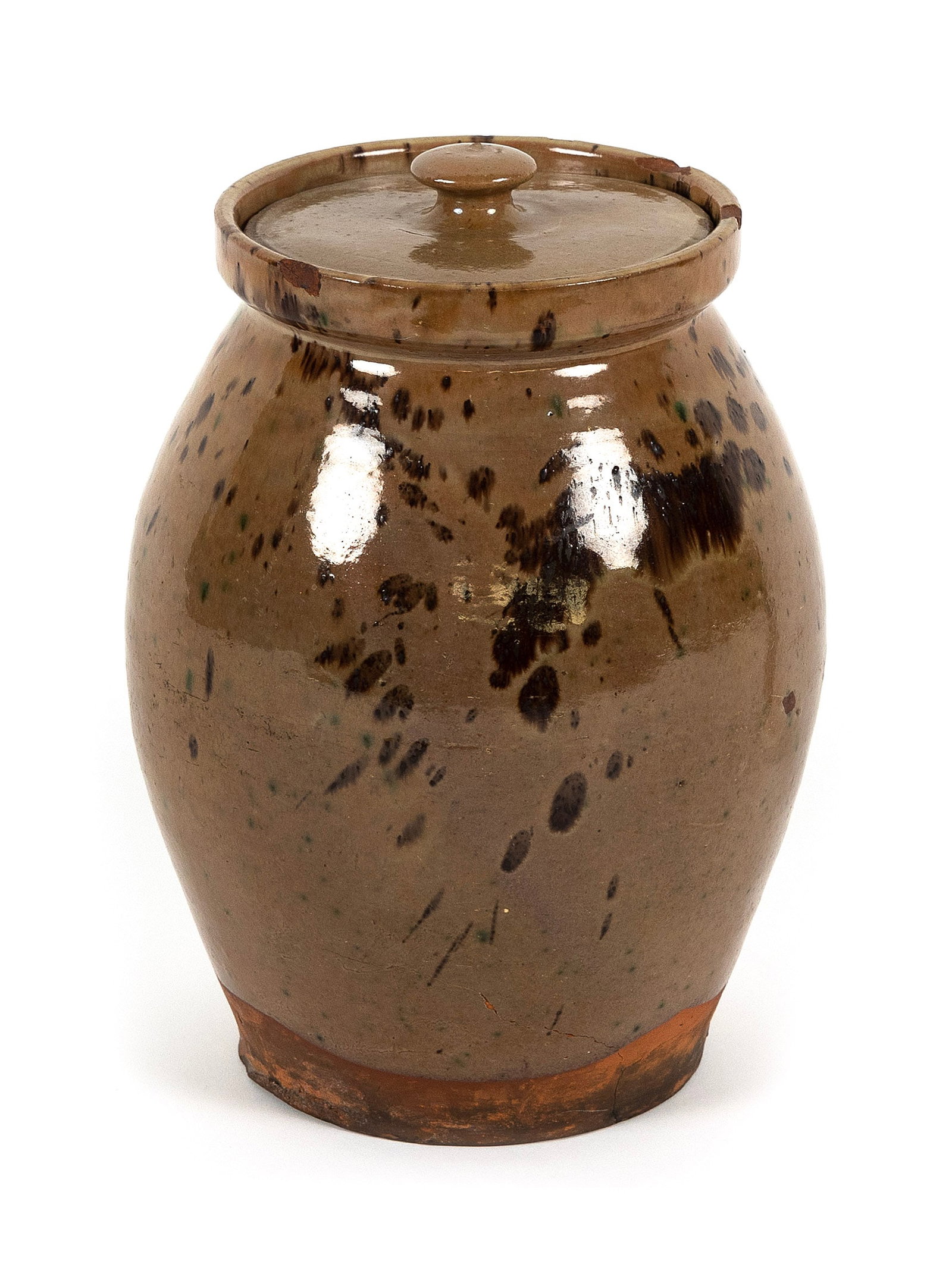 JOHN SAFFORD REDWARE POTTERY COVERED JAR Monmouth, Maine, 19th Century Height 8.5". (1 of 1)