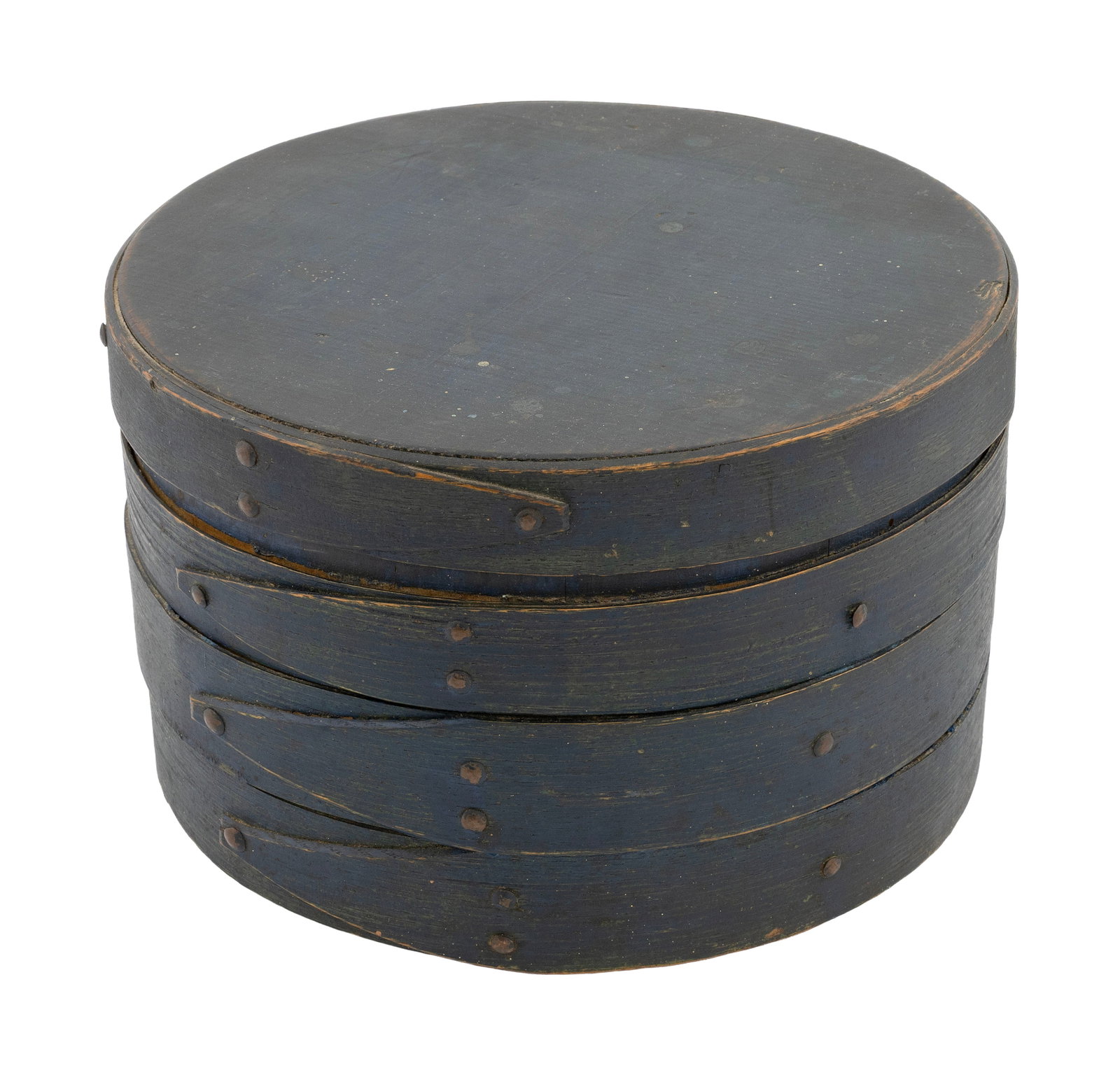 RARE PRESENTATION LIDDED BOX Hingham, Massachusetts, 19th Century Height 6.75". Diameter 10.75".: RARE PRESENTATION LIDDED BOX Hingham, Massachusetts, 19th Century Painted deep blue. Four fingered hoops, three with the fingers pointing in one direction and one with the finger pointing in the oppos