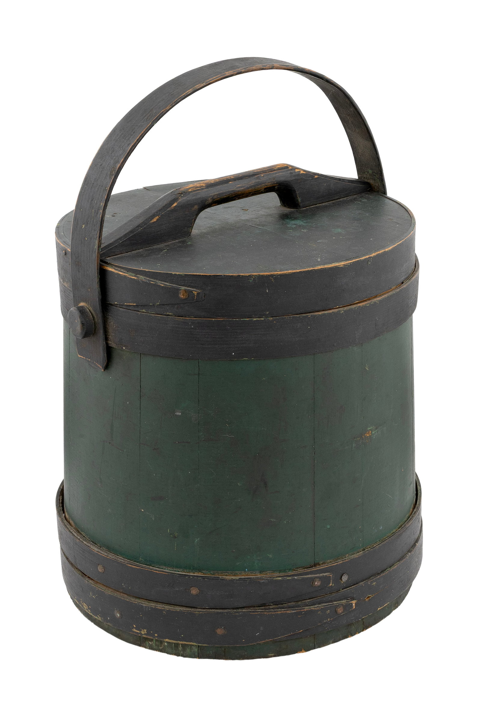 LEONARD GARDNER COVERED FIRKIN Hingham, Massachusetts, 19th Century Height 12.75".: LEONARD GARDNER COVERED FIRKIN Hingham, Massachusetts, 19th Century Body painted green and the hoops, handle and cover painted black. Stamped "L. Gardner Hingham MA" on the underside. Height 12.75". R