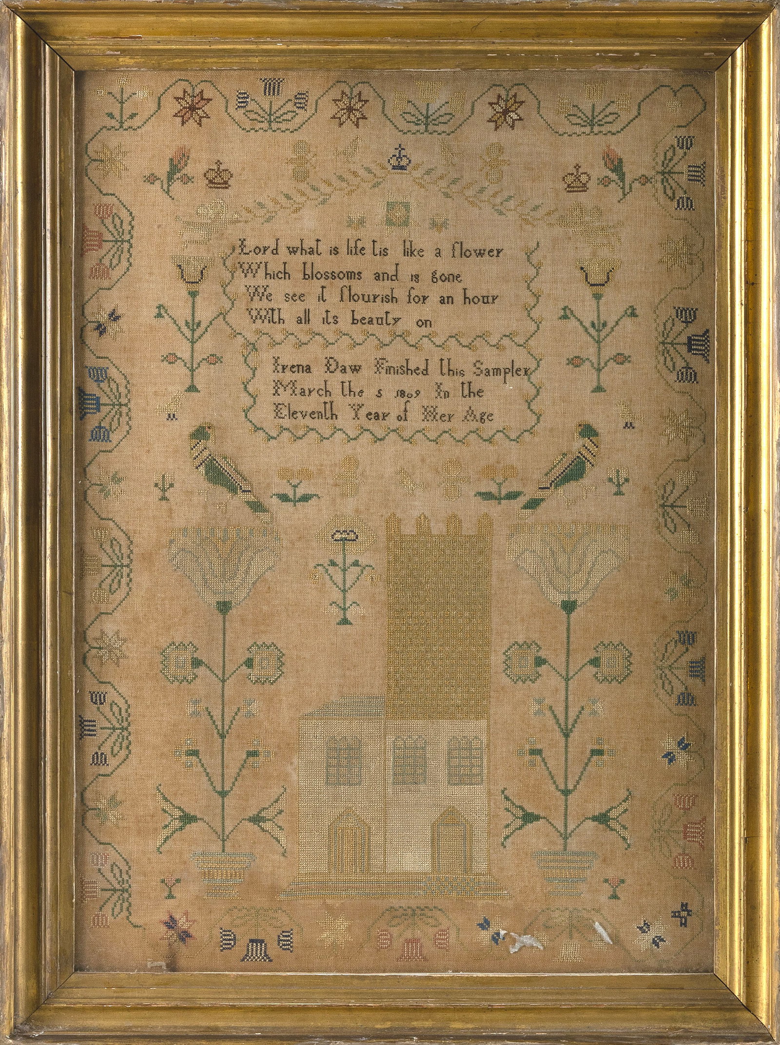 PICTORIAL NEEDLEWORK SAMPLER, PROBABLY ENGLISH Early 19th Century 25.75" x 17.75" sight. Framed.: PICTORIAL NEEDLEWORK SAMPLER, PROBABLY ENGLISH Early 19th Century "Irena Daw Finished this Sampler March the 5 1809 in the Eleventh Year of Her Age" at center. Verse "Lord What is life Tis like a flow
