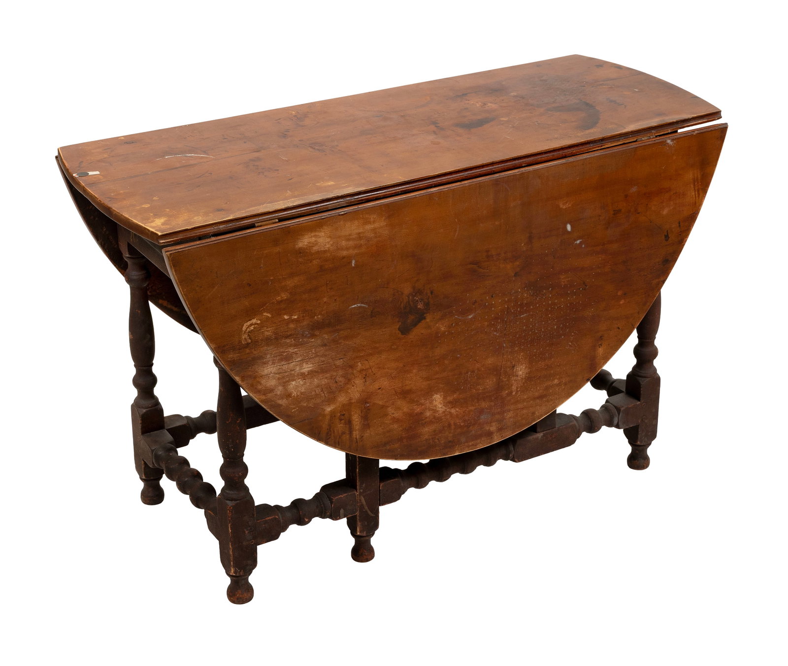 WILLIAM AND MARY GATELEG TABLE New England, Early 18th Century Height 27". Length 17" plus two 18.5": WILLIAM AND MARY GATELEG TABLE New England, Early 18th Century Probably maple, under the exceptionally early, possibly the original, finish. Single drawer at one end of apron. Turned legs joined by a 