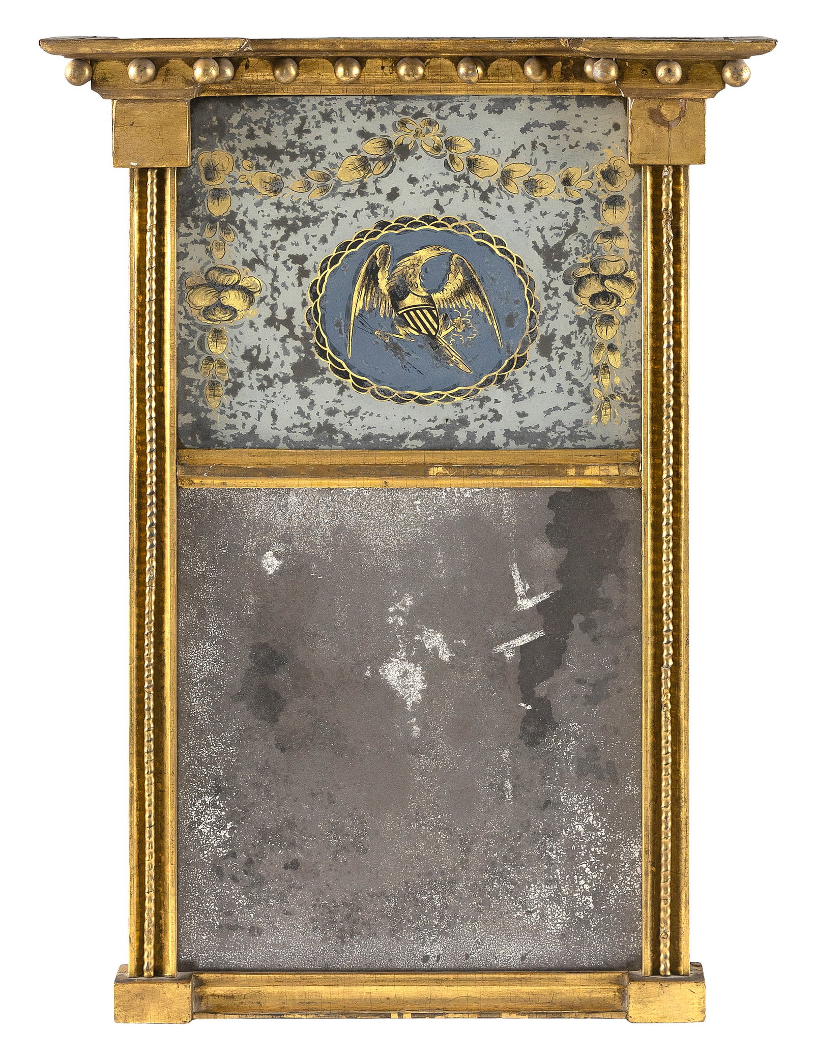 FEDERAL EGLOMISE AND GILTWOOD MIRROR Boston, Circa 1810 Height 24". Width 17.5".: FEDERAL EGLOMISE AND GILTWOOD MIRROR Boston, Circa 1810 Giltwood frame with acorn drops at cornice and side columns with central beading. Original reverse-painted glass upper panel depicts a spread-wi