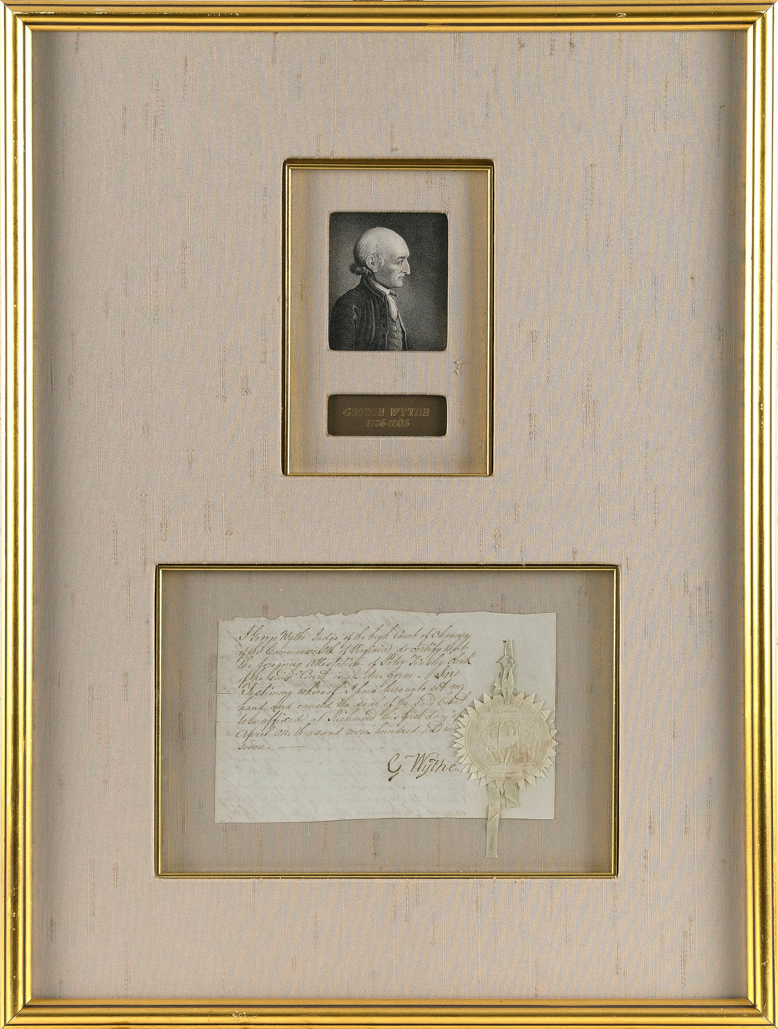 GEORGE WYTHE AUTOGRAPHED COURT DOCUMENT Late 18th Century 4.75" x 7.5". Framed 24" x 18". (1 of 2)