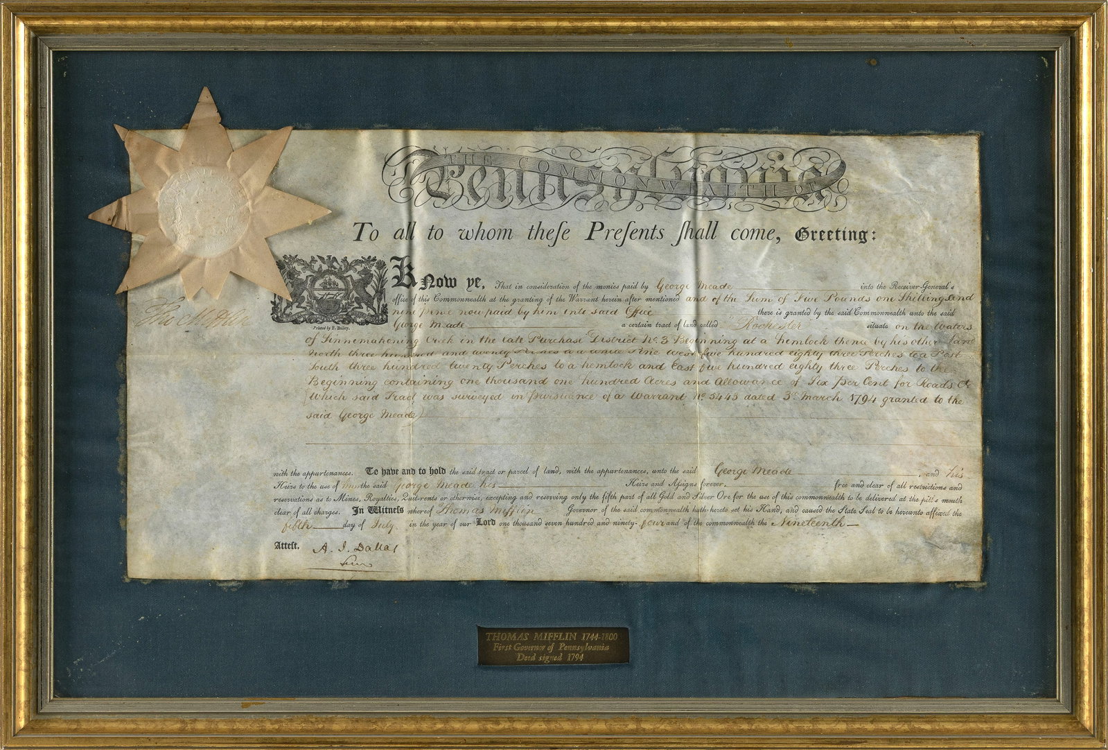 THOMAS MIFFLIN SIGNED LAND DEED Dated July 5, 1794 11" x 21" sight. Framed 18" x 27". (1 of 2)