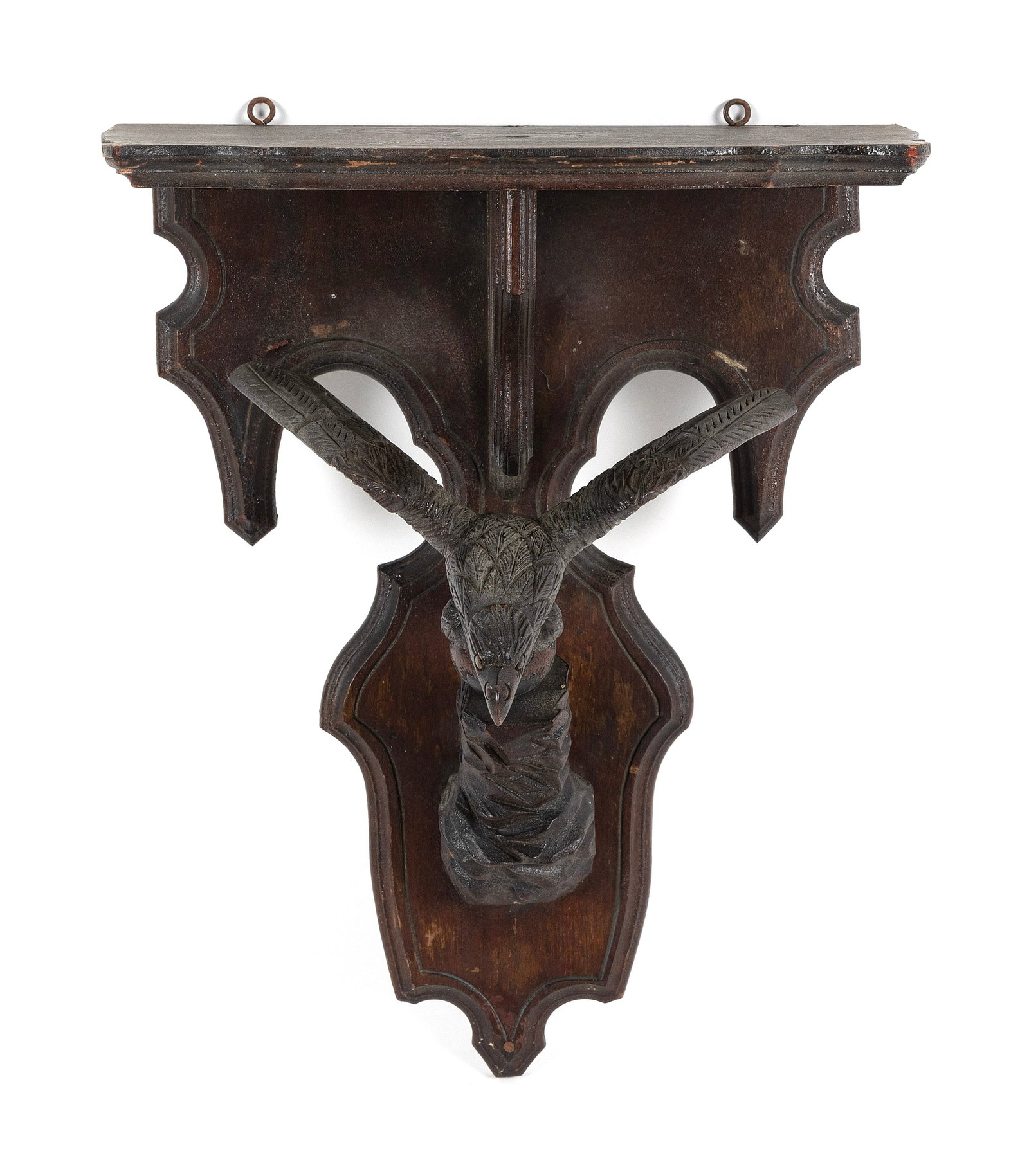 CARVED WALNUT WALL SHELF WITH SPREAD-WING EAGLE 19th Century Height 18". (1 of 3)