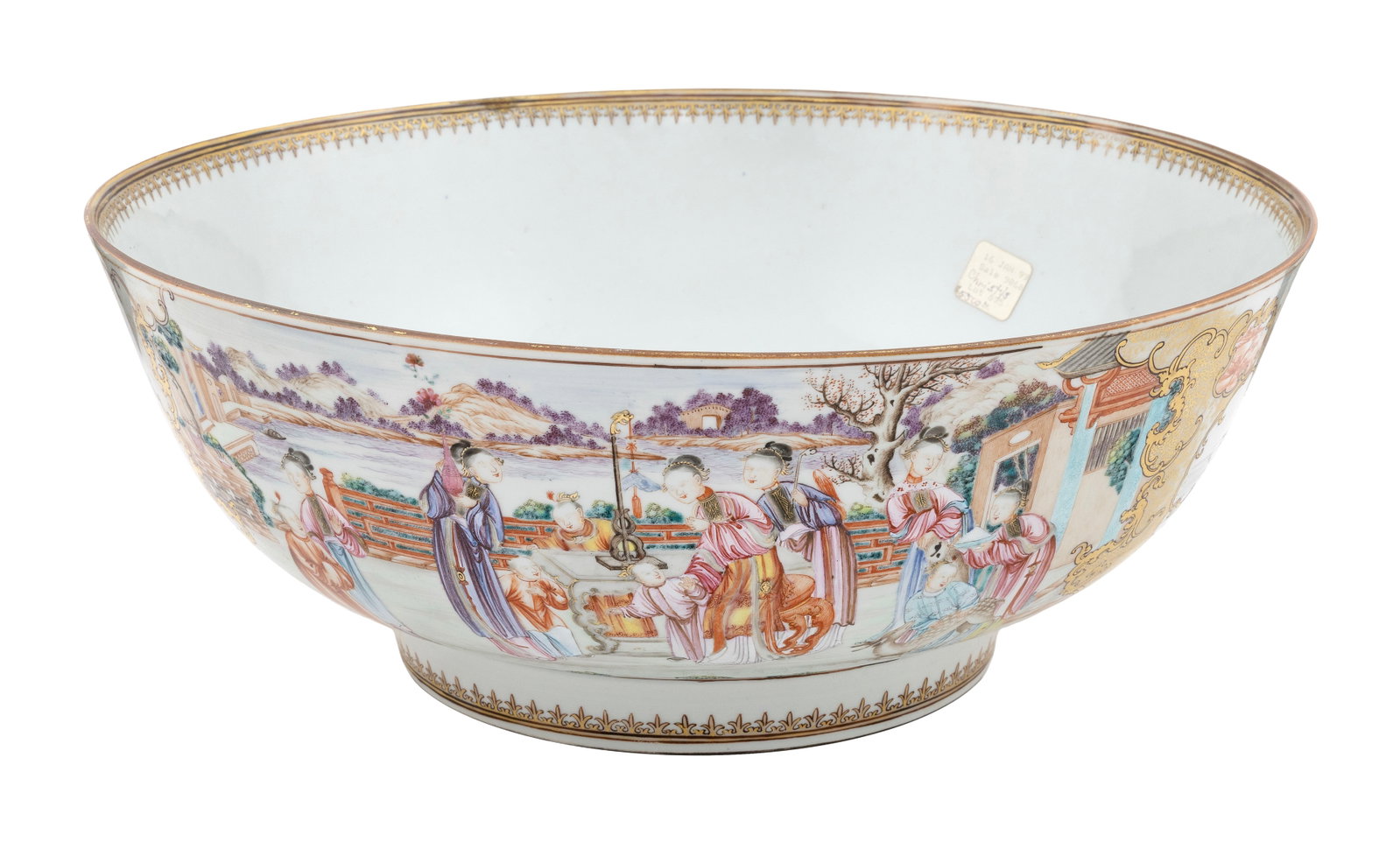 LARGE CHINESE EXPORT PORCELAIN PUNCH BOWL Late 18th Century Height 6.25". Diameter 16.25".: LARGE CHINESE EXPORT PORCELAIN PUNCH BOWL Late 18th Century Exterior with figural landscapes bordered in gilt. Interior with decoration of fruit. Height 6.25". Diameter 16.25". Provenance: Christie's,