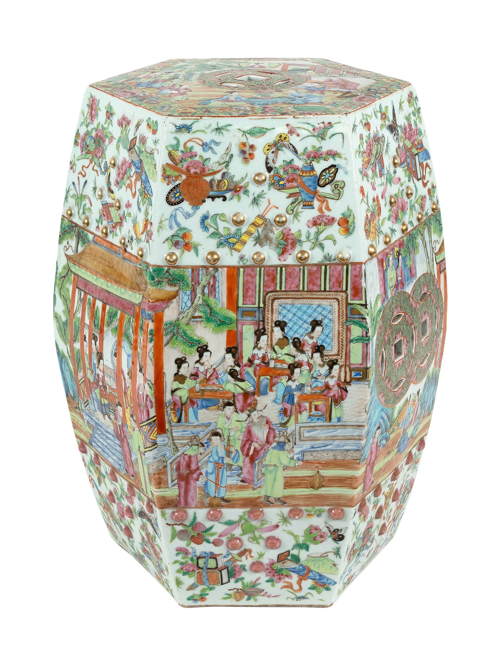 CHINESE FAMILLE ROSE PORCELAIN HEXAGONAL GARDEN SEAT 19th Century Height 18.75".: CHINESE FAMILLE ROSE PORCELAIN HEXAGONAL GARDEN SEAT 19th Century Decoration of figural scenes, flowers, birds and butterflies. Height 18.75".