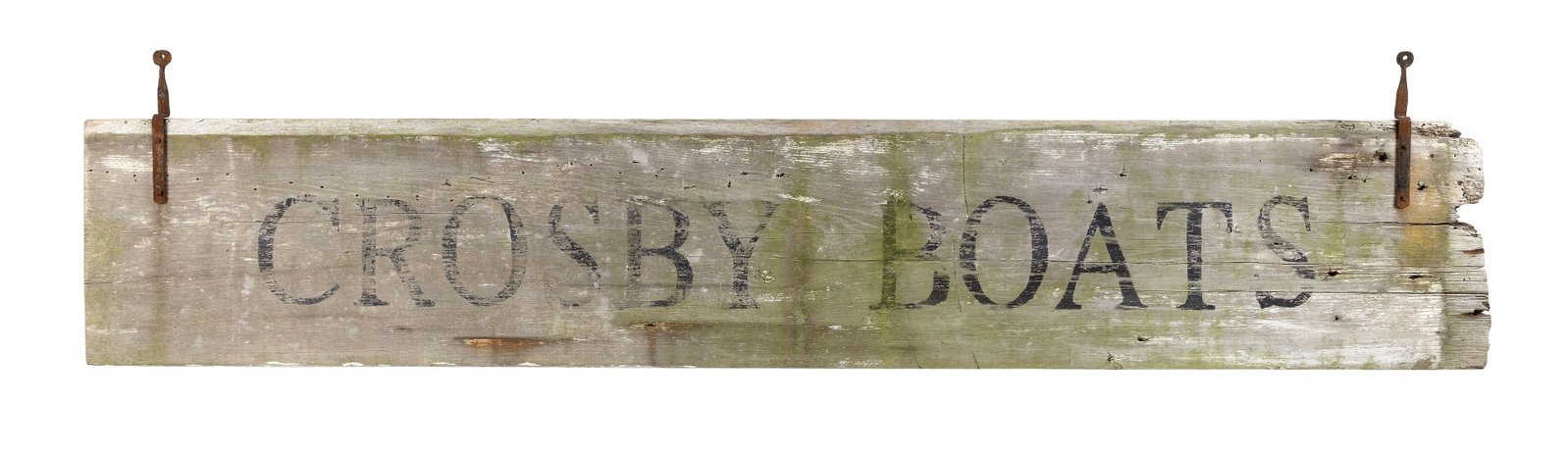 "CROSBY BOATS" BOAT YARD SIGN Osterville, Massachusetts, 19th Century Height 10.75". Length 61".: "CROSBY BOATS" BOAT YARD SIGN Osterville, Massachusetts, 19th Century Pine board with iron strap hinges. Black painted lettering against a white ground. Height 10.75". Length 61". Provenance: Purchase