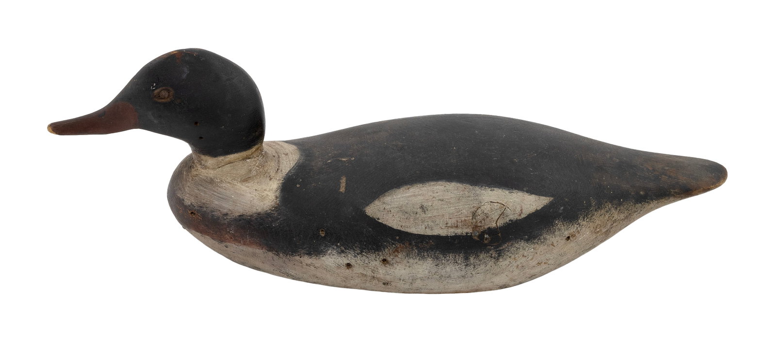 WILLIAM H. MAYHEW RED-BREASTED MERGANSER DRAKE DECOY Edgartown, Martha's Vineyard, Massachusetts,: WILLIAM H. MAYHEW RED-BREASTED MERGANSER DRAKE DECOY Edgartown, Martha's Vineyard, Massachusetts, Early 20th Century Tack eyes. Length 17".