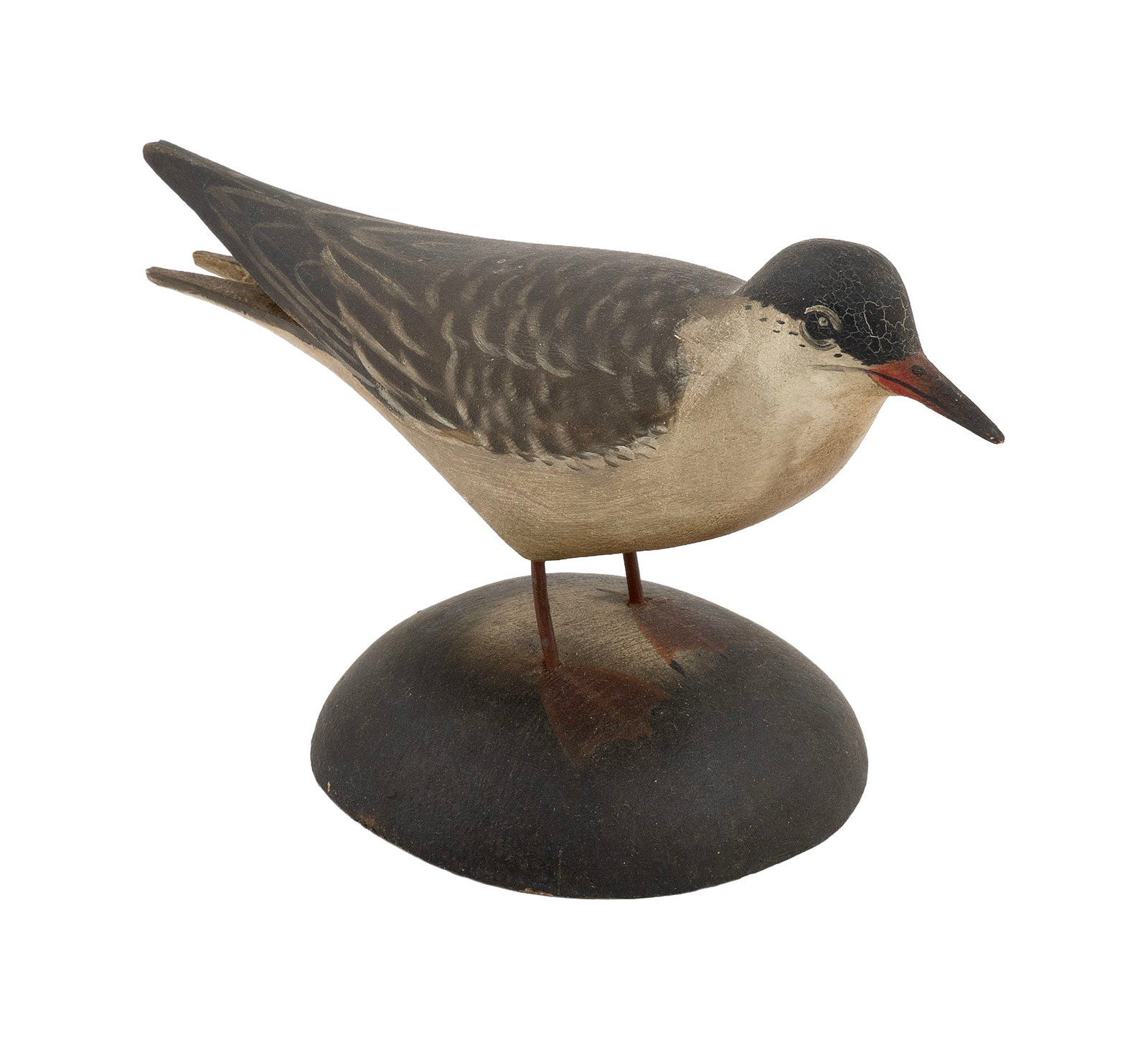 A. ELMER CROWELL HALF-SIZE TERN East Harwich, Massachusetts, 1862-1952 Height 4". Length 6.5".: A. ELMER CROWELL HALF-SIZE TERN East Harwich, Massachusetts, 1862-1952 Circa 1930. Painted eyes. Mounted on a round base. Rectangular stamp. Height 4". Length 6.5".