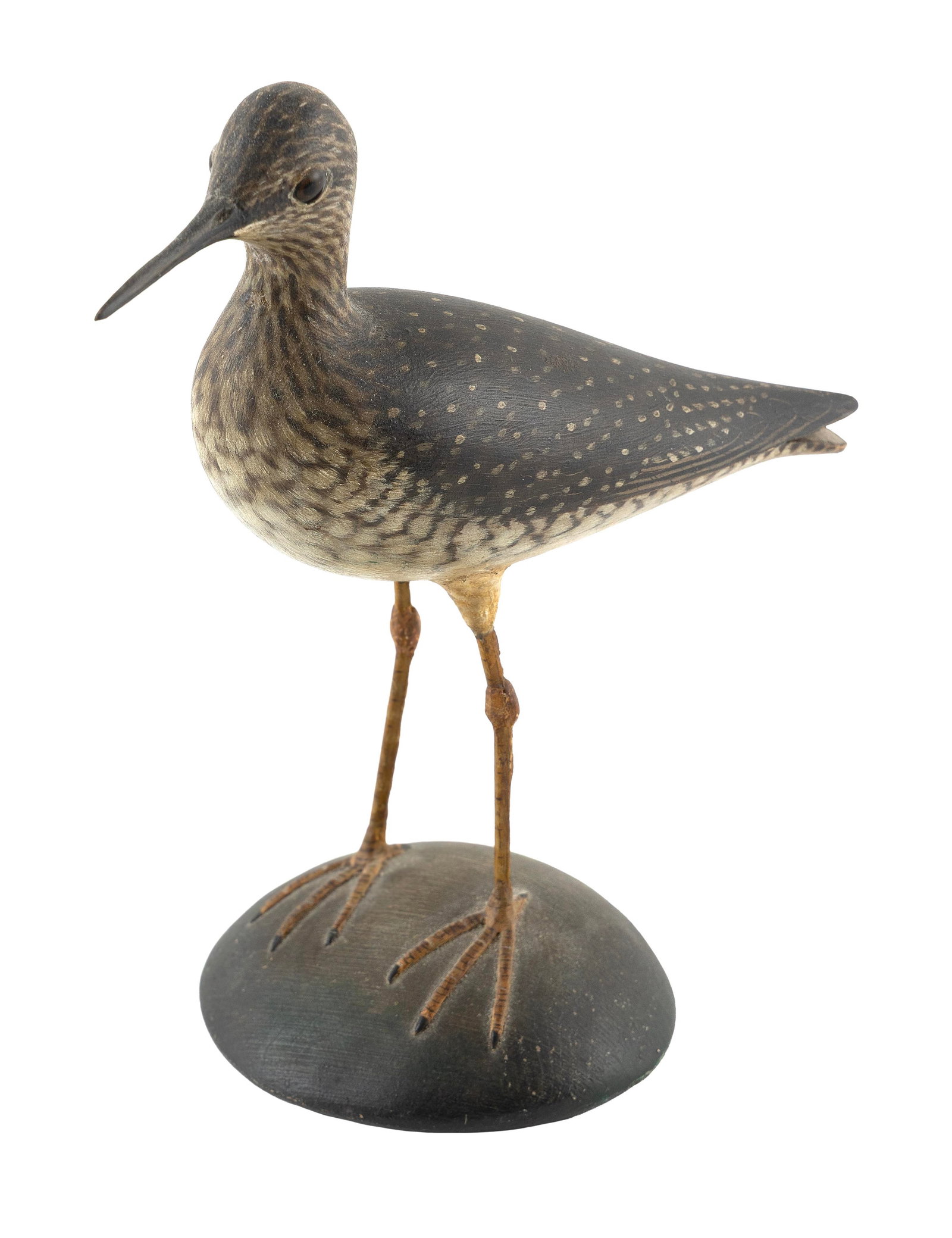 A. ELMER CROWELL LIFE-SIZE LESSER YELLOWLEGS East Harwich, Massachusetts, 1862-1952 Height 9".: A. ELMER CROWELL LIFE-SIZE LESSER YELLOWLEGS East Harwich, Massachusetts, 1862-1952 Circa 1920. Head turned left. Marked in pencil "Summer Yellowlegs". Oval brand. Height 9".