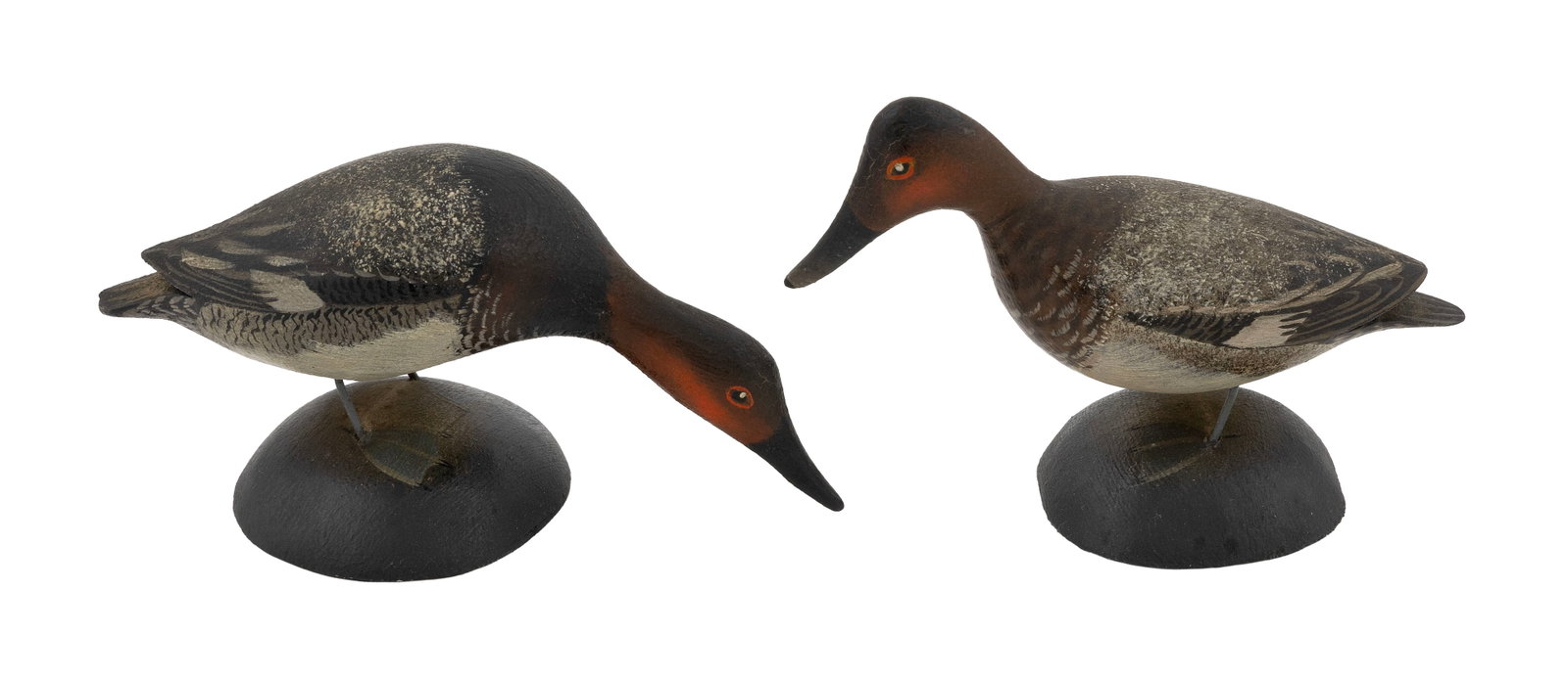 PAIR OF A. ELMER CROWELL MINIATURE CANVASBACKS East Harwich, Massachusetts, 1862-1952 Heights 2.5" (1 of 3)