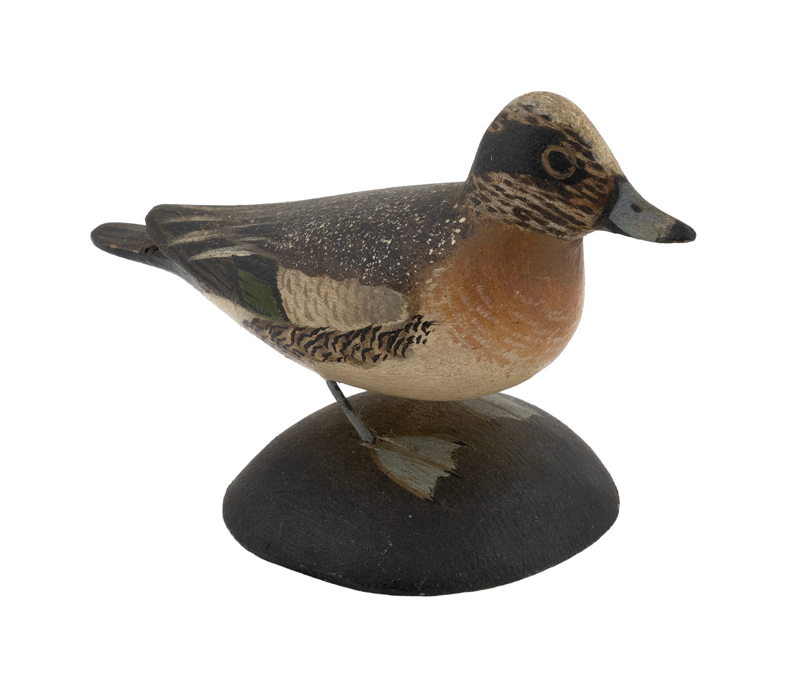 A. ELMER CROWELL MINIATURE WIGEON DRAKE East Harwich, Massachusetts, 1862-1952 Height 3".: A. ELMER CROWELL MINIATURE WIGEON DRAKE East Harwich, Massachusetts, 1862-1952 Circa 1930. Mounted on a round base. Rectangular stamp. Height 3".