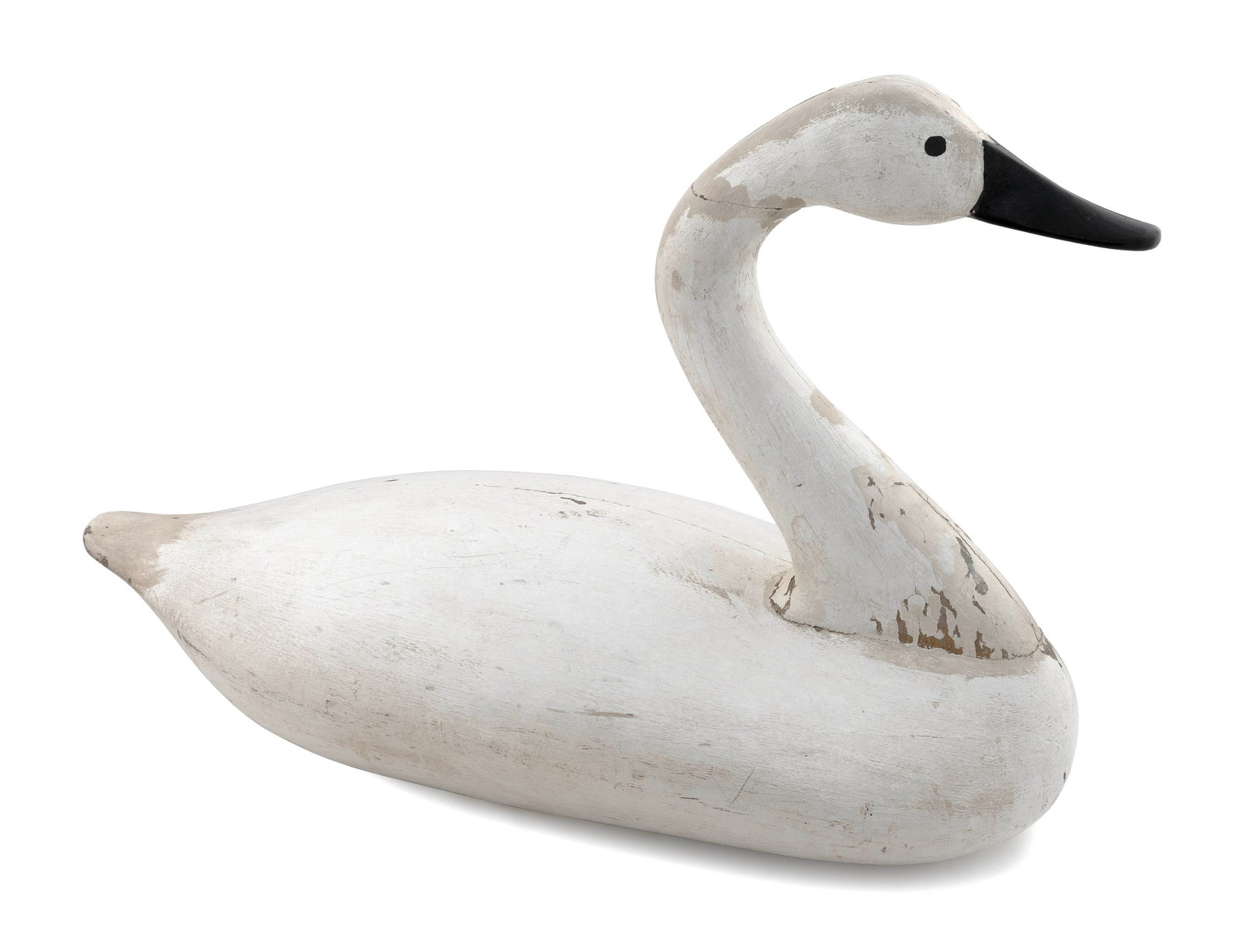 LIFE-SIZED CHESAPEAKE BAY SWAN DECOY First Half of the 20th Century Height 21". Length 30". Width: LIFE-SIZED CHESAPEAKE BAY SWAN DECOY First Half of the 20th Century Maker unknown. Traces of original paint under early repaint. Head constructed in multiple pieces. Traces of paper label on underside