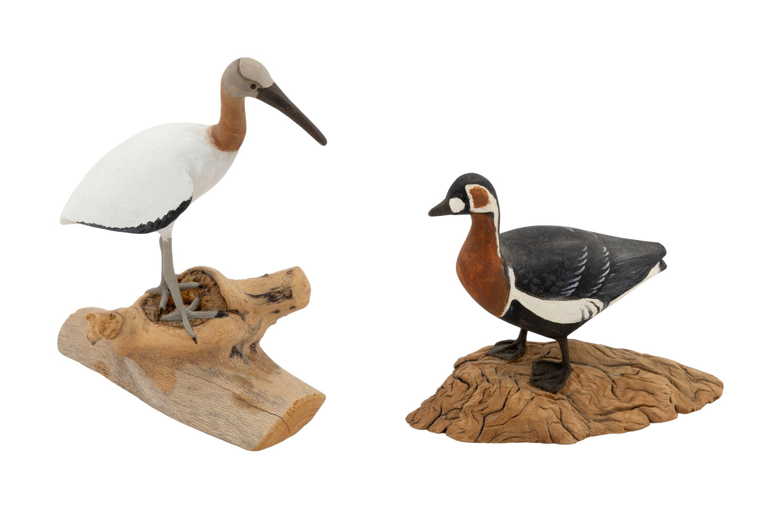 TWO HAROLD GIBBS MINIATURES Barrington, Rhode Island, 1866-1970 Heights 2.5" and 3.5".: TWO HAROLD GIBBS MINIATURES Barrington, Rhode Island, 1866-1970 A red-breasted goose and a wood stork, both mounted on driftwood bases. Stork dated 1966. Heights 2.5" and 3.5".