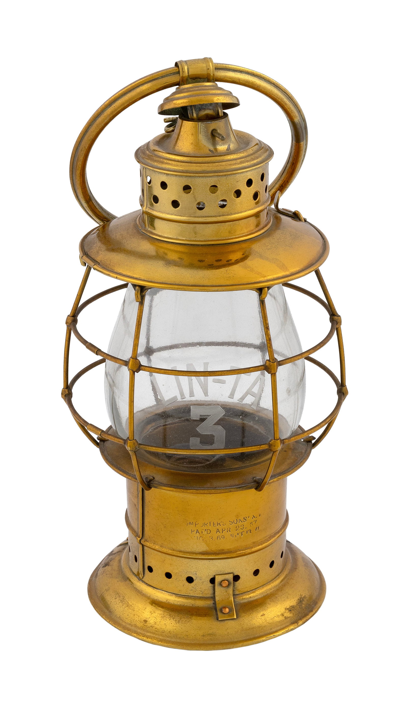 W. PORTER BRASS FIRE LANTERN Patented 1869 Height 13". (1 of 3)