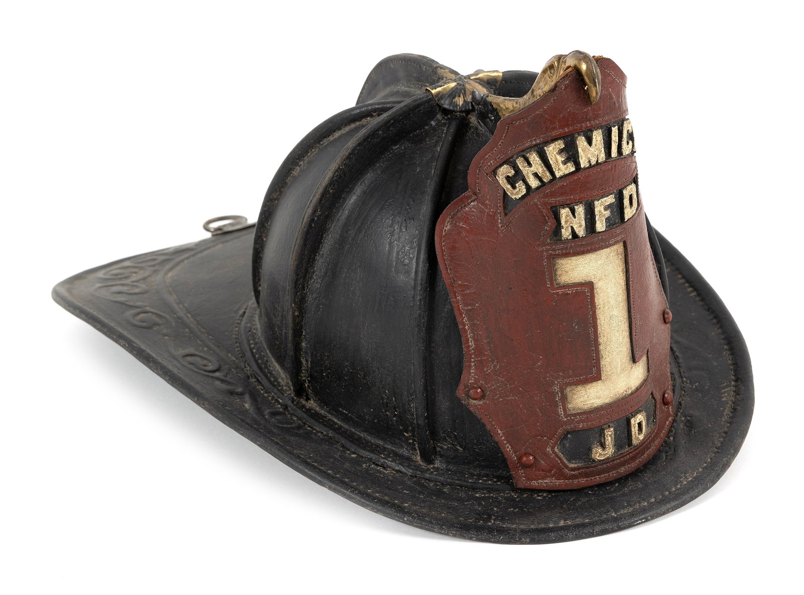 JOHN OLSON BLACK LEATHER HELMET WITH EAGLE FINIAL New York, Circa 1890 Length 14.75". (1 of 1)