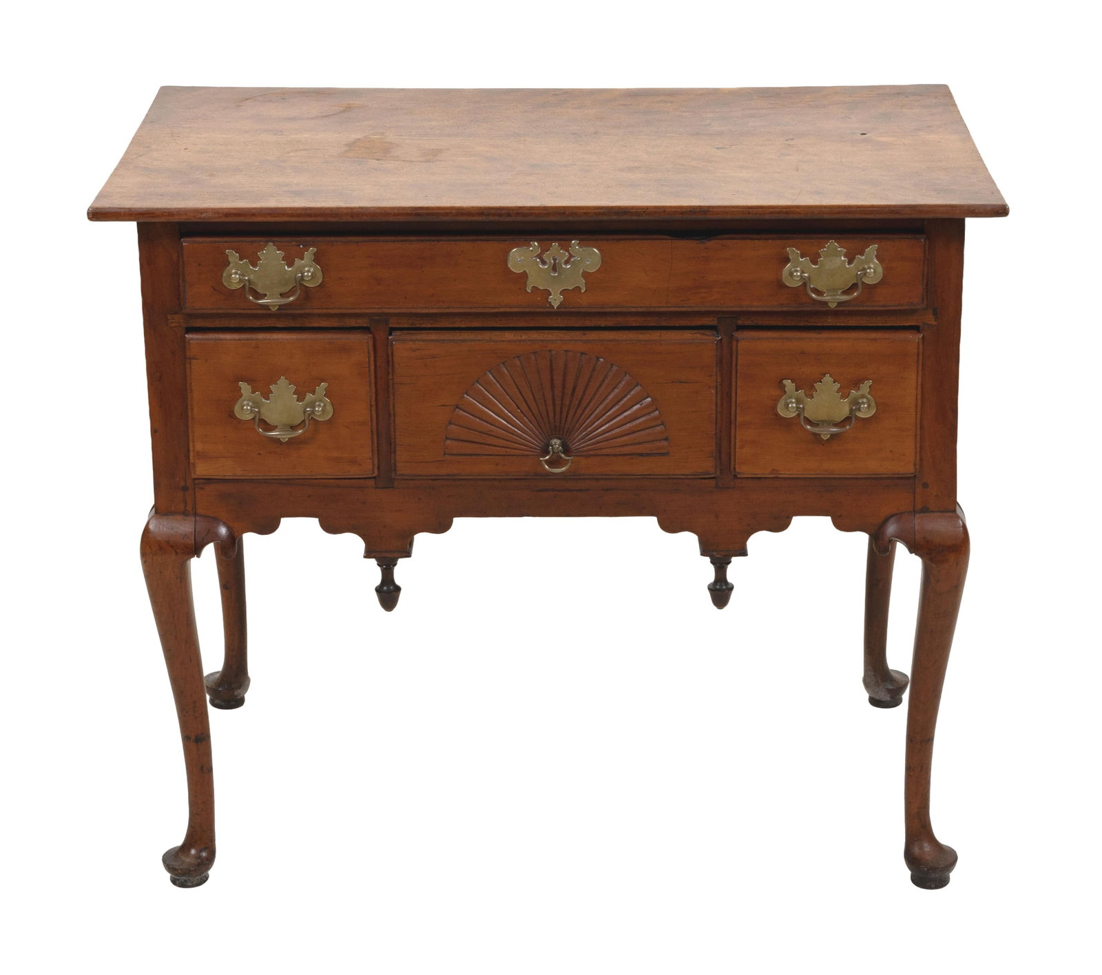 QUEEN ANNE WALNUT LOWBOY 18th Century Height 29". Width 34.5". Depth 20".: QUEEN ANNE WALNUT LOWBOY 18th Century Overhanging top above a full-width drawer over three side-by-side drawers, the central with fan carving. Carved skirt with acorn drops. Cabriole legs end in pad f