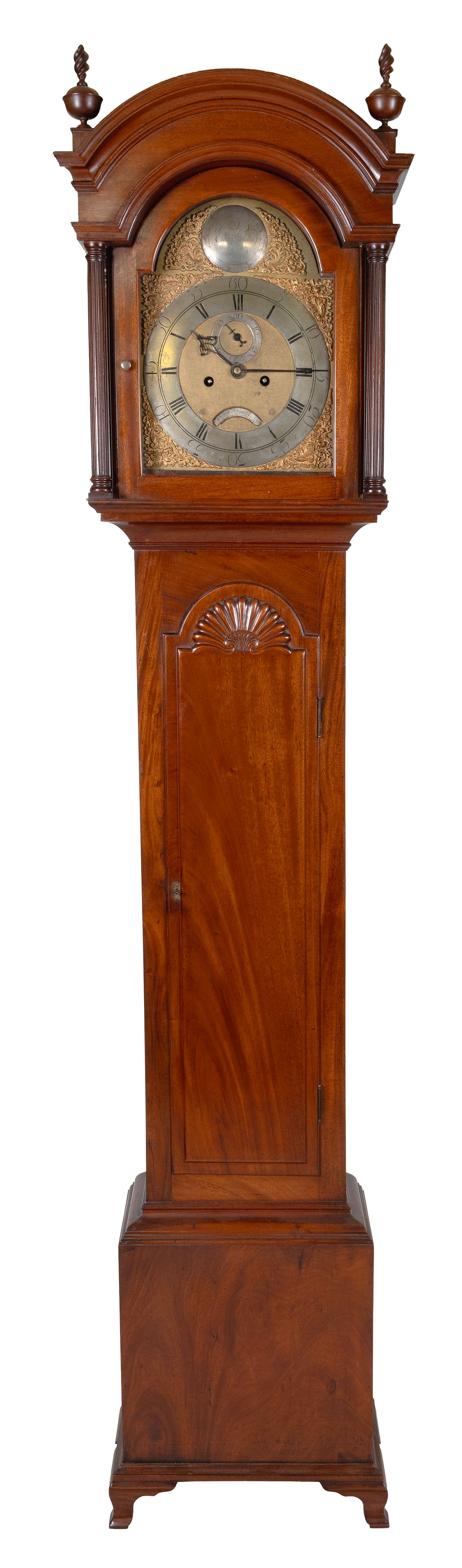 FEDERAL TALL-CASE CLOCK BY EDWARD SPALDING Providence, Rhode Island, Late 18th Century Height: FEDERAL TALL-CASE CLOCK BY EDWARD SPALDING Providence, Rhode Island, Late 18th Century Beautifully figured mahogany case. Arched bonnet with two urn finials and a glazed dial door flanked by fluted fu