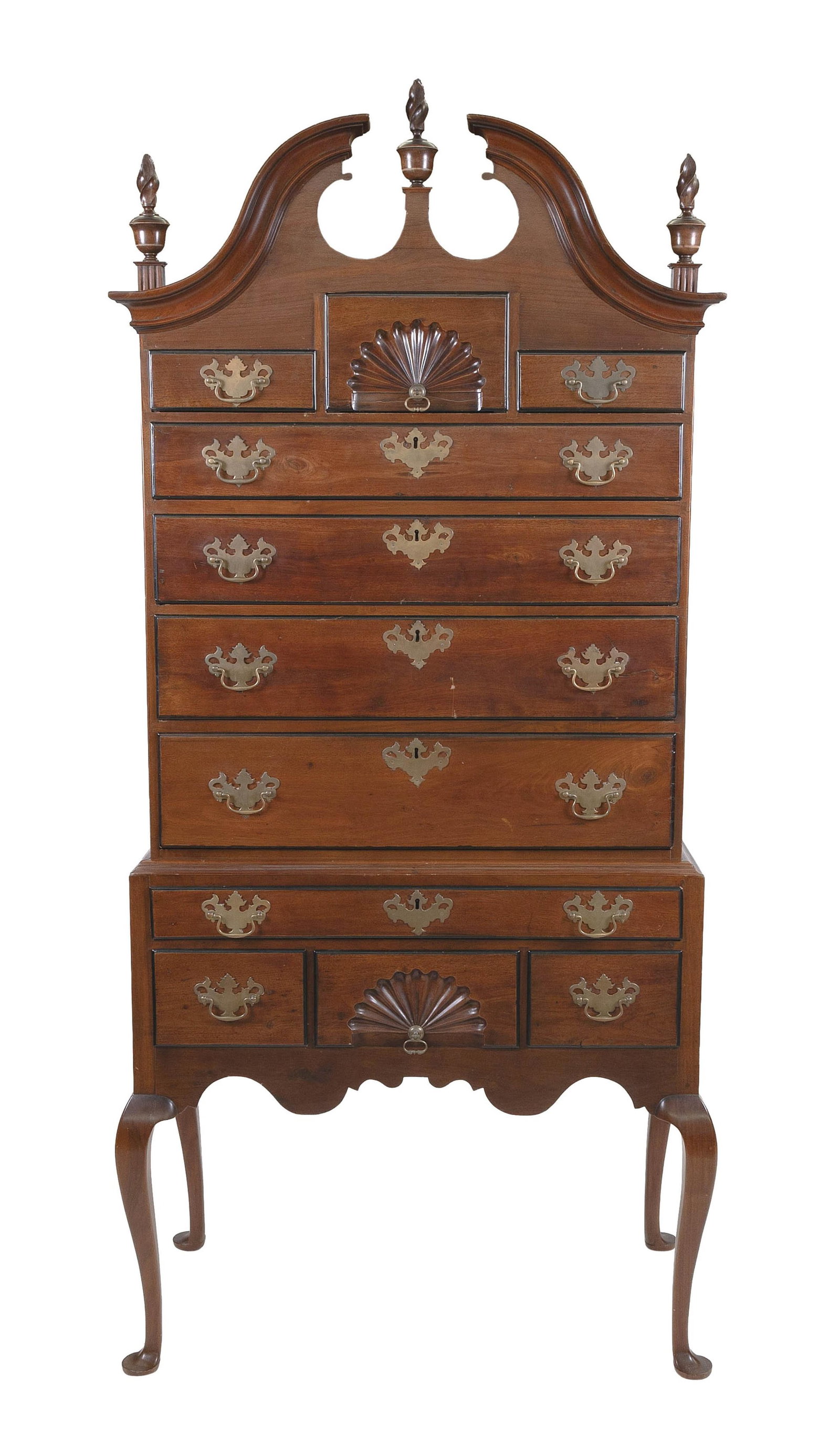 QUEEN ANNE WALNUT BONNET-TOP HIGHBOY Providence, Rhode Island, Mid-18th Century Height 89.5". Width: QUEEN ANNE WALNUT BONNET-TOP HIGHBOY Providence, Rhode Island, Mid-18th Century Upper case with three carved urn finials, and three side-by-side drawers, the central with fan carving, over four gradua