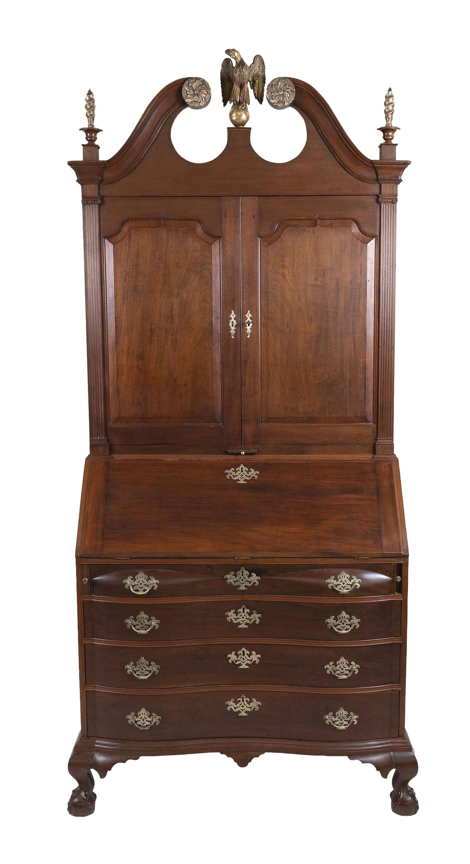 CHIPPENDALE MAHOGANY TWO-PART SECRETARY Rhode Island, Circa 1780 Height 97.5". Width 42". Depth: CHIPPENDALE MAHOGANY TWO-PART SECRETARY Rhode Island, Circa 1780 Broken arch pediment with beautifully carved and gilded rosettes. Original gilt spread-wing eagle on sphere finial at center and spiral