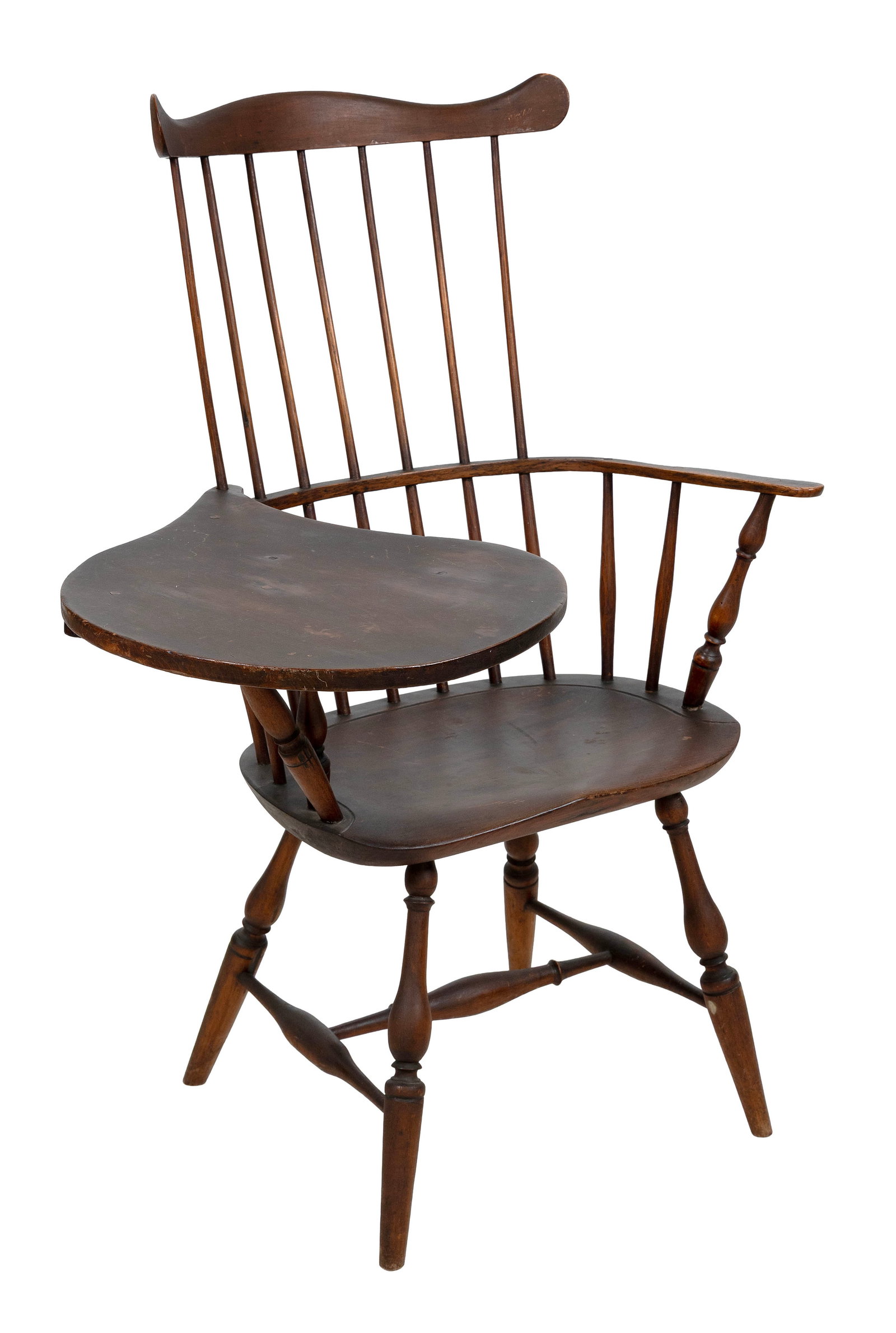 MAPLE AND ASH WINDSOR FAN-BACK WRITING?ARMCHAIR Connecticut, Late 18th Century Back height 44.25".: MAPLE AND ASH WINDSOR FAN-BACK WRITING?ARMCHAIR Connecticut, Late 18th Century Great old, possibly original finish with excellent patina. Bold turned bulbous legs. Back height 44.25". Seat height 17.5