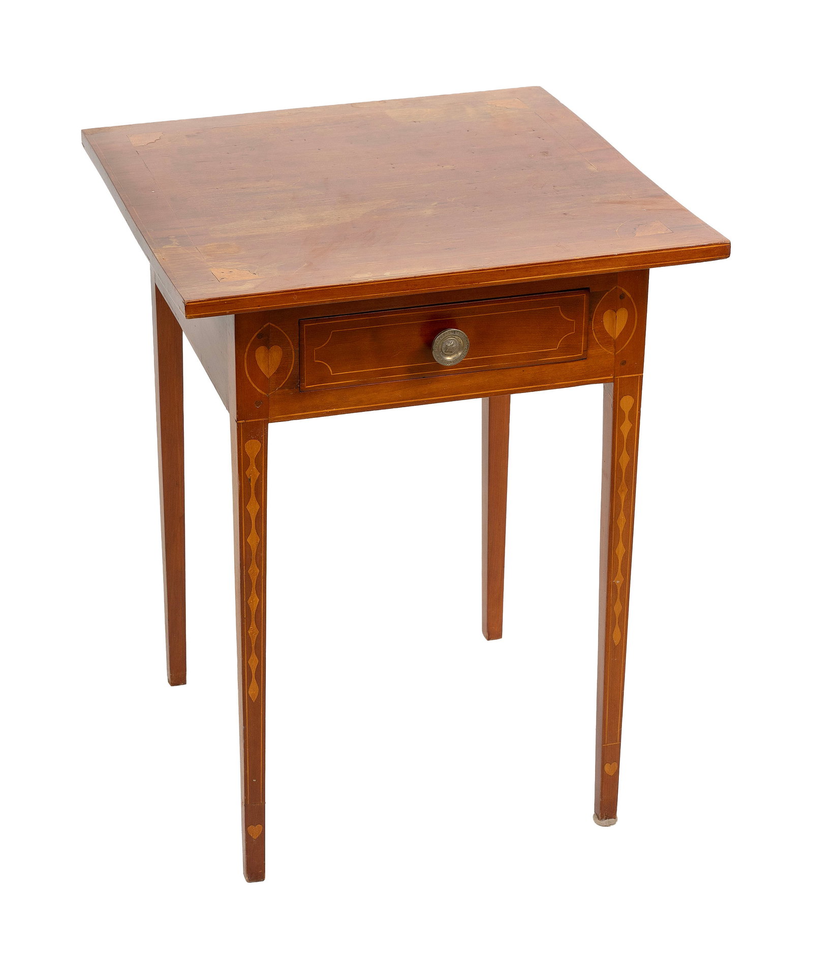 HEPPLEWHITE CHERRY ONE-DRAWER STAND WITH RARE HEART INLAY Connecticut, Circa 1800 Height 27.75". (1 of 4)