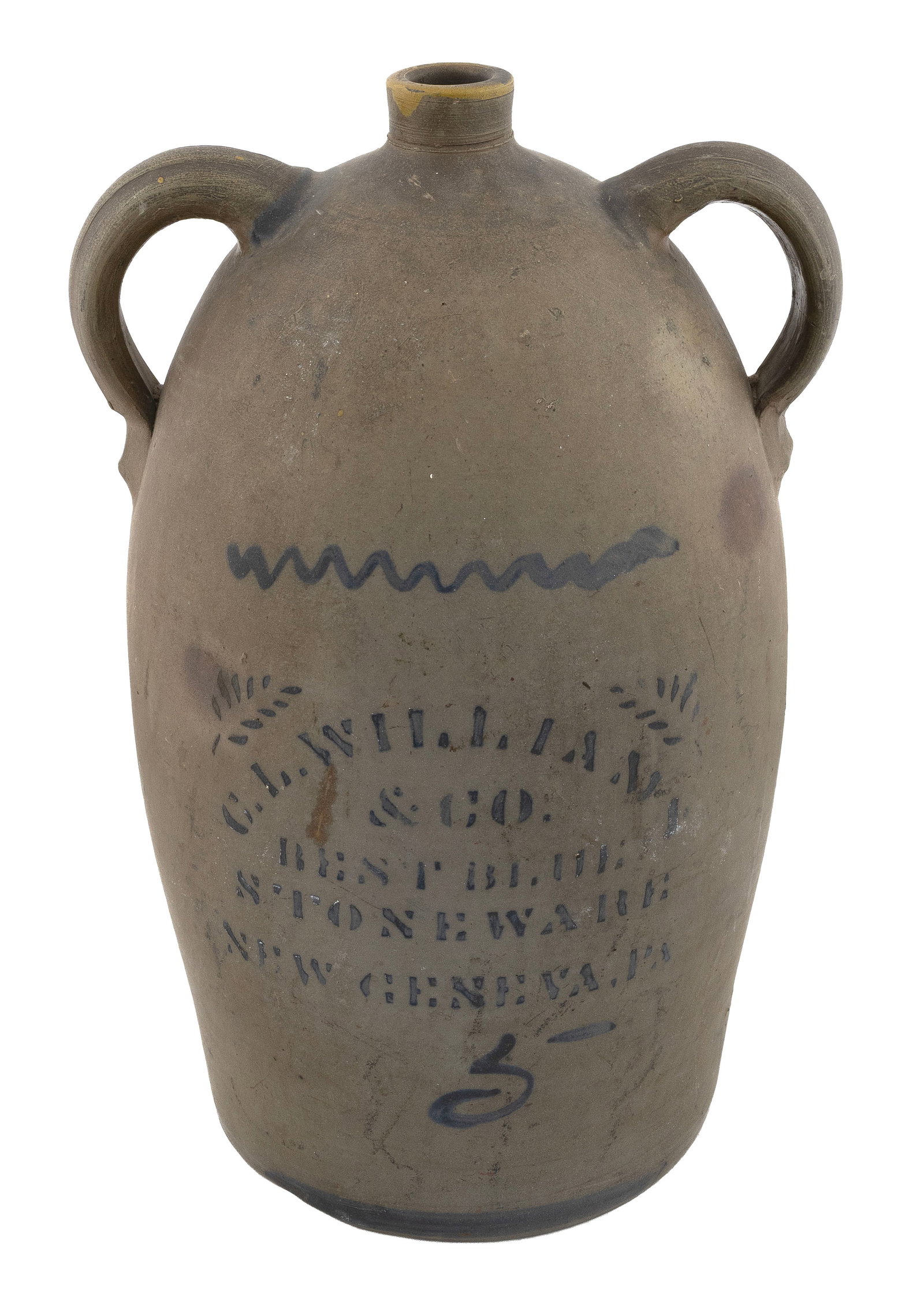 RARE DOUBLE-HANDLED FIVE-GALLON STONEWARE JUG Pennsylvania, 19th Century Height 19.5".: RARE DOUBLE-HANDLED FIVE-GALLON STONEWARE JUG Pennsylvania, 19th Century Cobalt blue lettering "C.L. Williams & Co. Best Blue Stoneware New Geneva, PA". Height 19.5".