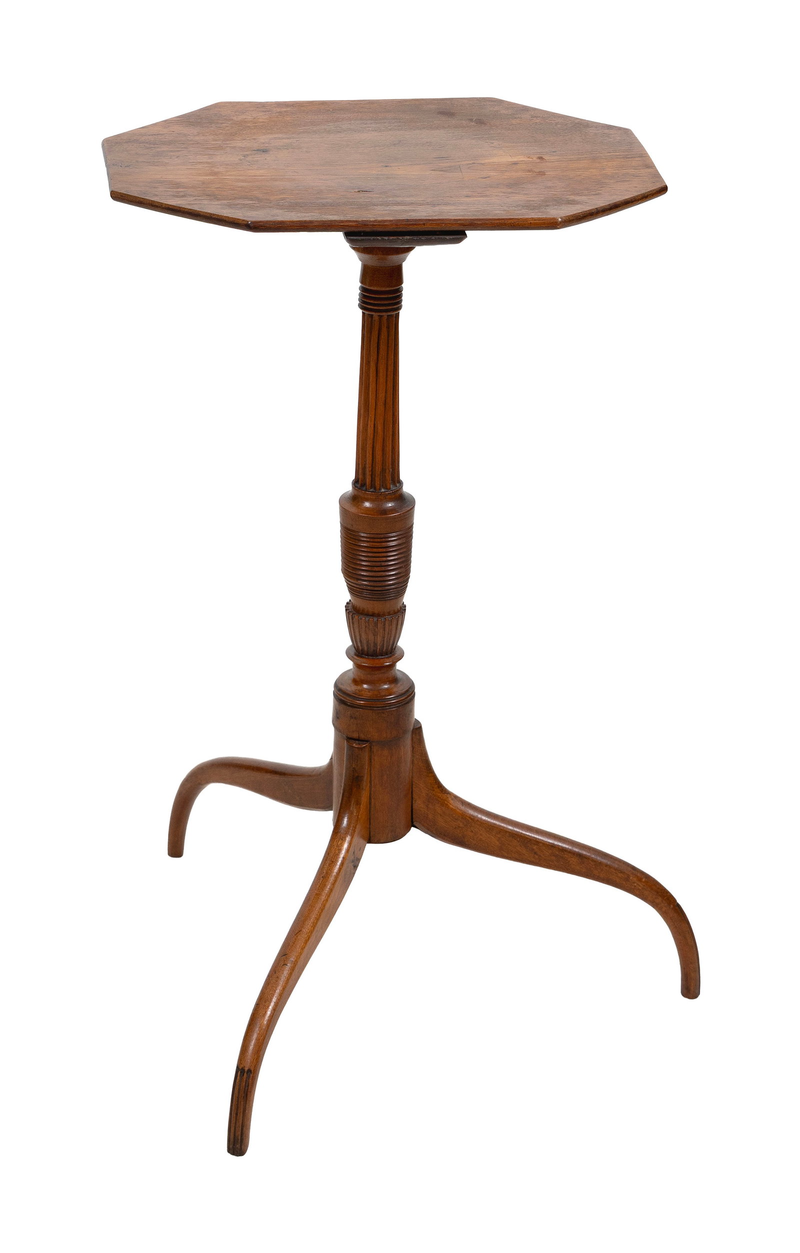 HEPPLEWHITE BIRCH CANDLESTAND New Hampshire, Circa 1800 Height 28". Top 16" x 12.5". (1 of 2)