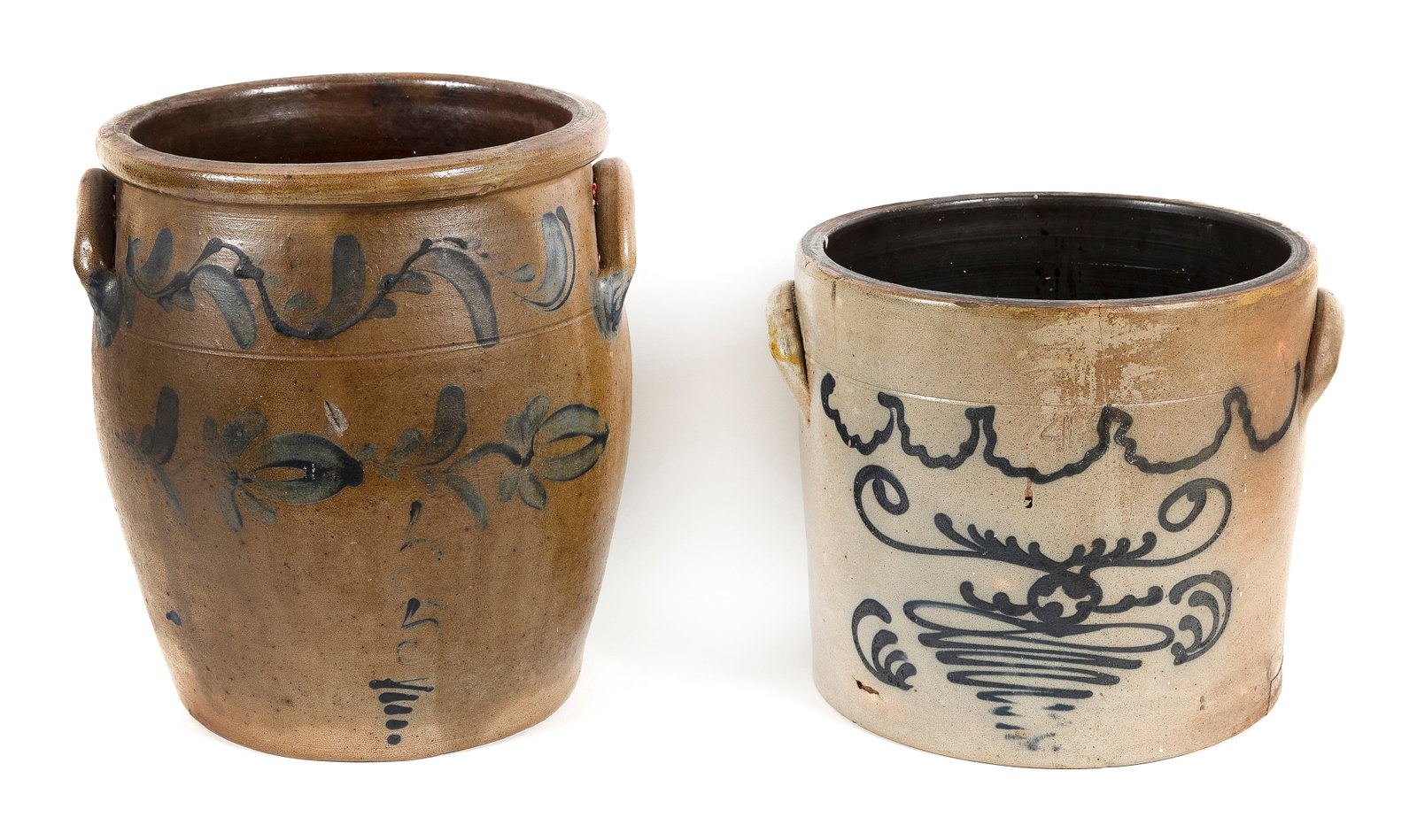 TWO STONEWARE CROCKS WITH COBALT BLUE GEOMETRIC DECORATION 19th Century Heights 11" and 14". (1 of 1)