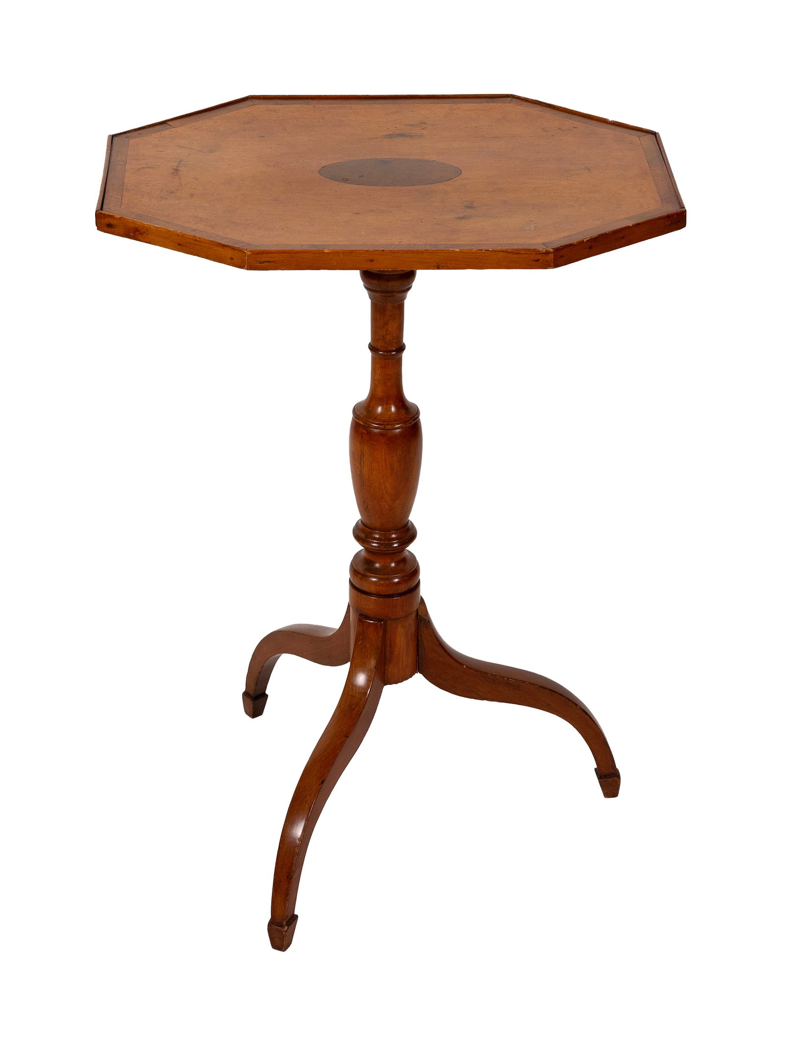 MAPLE AND BIRCH TILT-TOP CANDLESTAND New England, Early 19th Century Height 27.5". Top 20.25" x: MAPLE AND BIRCH TILT-TOP CANDLESTAND New England, Early 19th Century Octagonal top with bird's-eye maple and cherry veneer. Urn pedestal. Spider legs end in spade feet. Height 27.5". Top 20.25" x 14.7