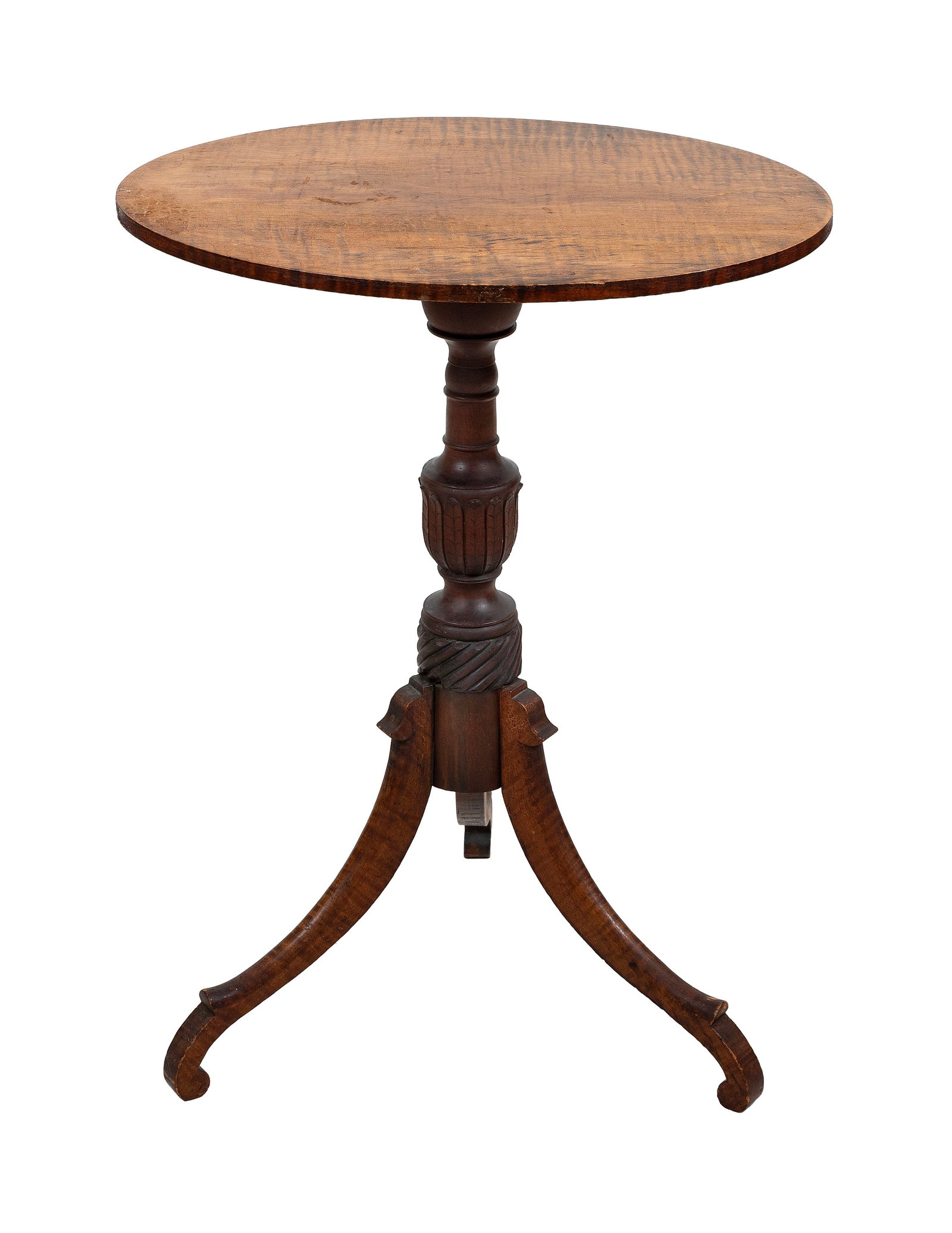 TIGER MAPLE AND CHERRY TILT-TOP CANDLE STAND Portsmouth, New Hampshire, Early 19th Century Height: TIGER MAPLE AND CHERRY TILT-TOP CANDLE STAND Portsmouth, New Hampshire, Early 19th Century Oval tiger maple top. Turned and carved pedestal with delicate relief-carved leaf tips on the urn and a spira
