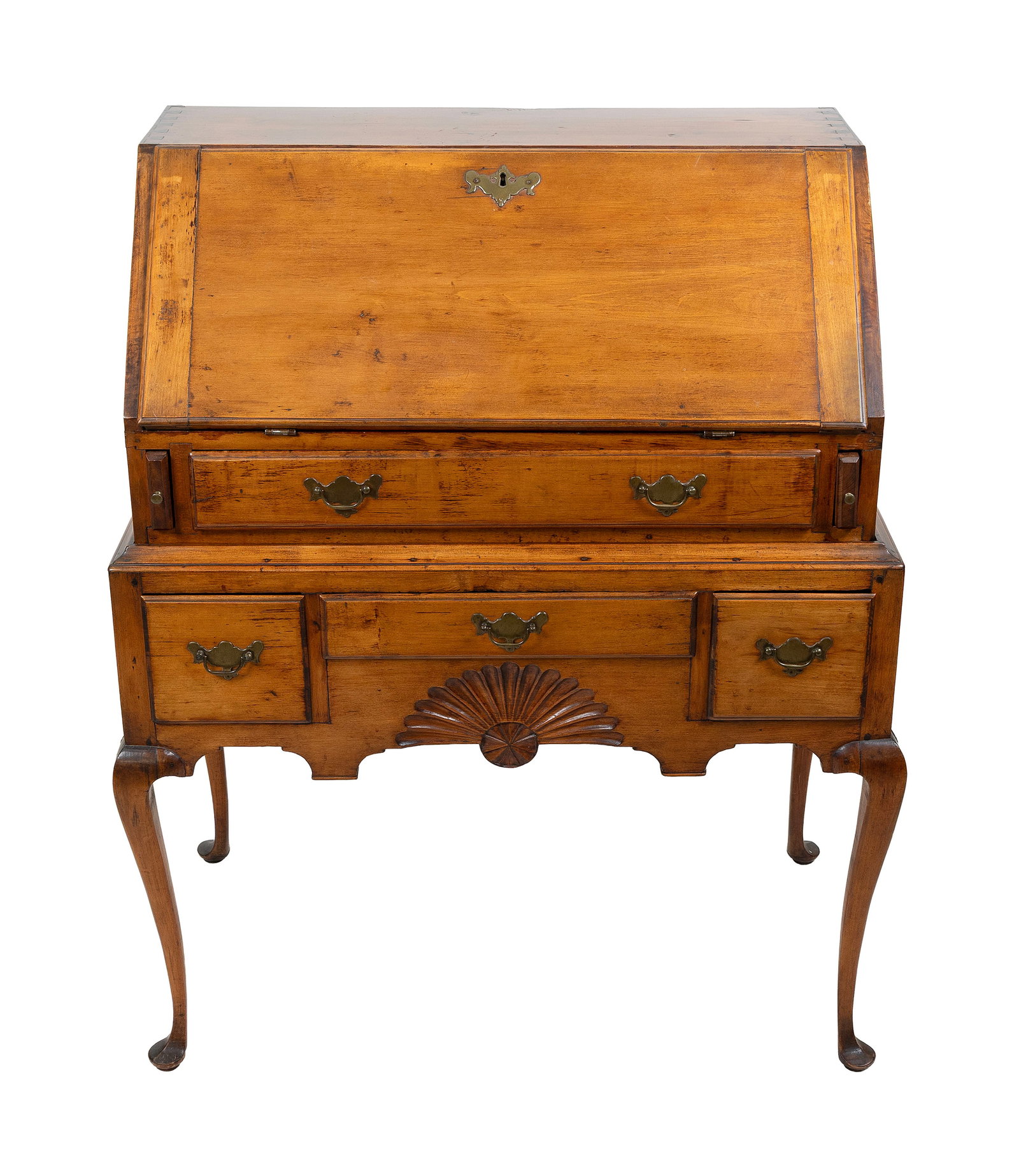 RARE QUEEN ANNE MAPLE SLANT-LID DESK ON FRAME Southern New Hampshire, Mid-18th Century Height: RARE QUEEN ANNE MAPLE SLANT-LID DESK ON FRAME Southern New Hampshire, Mid-18th Century Desk with a stepped interior comprised of pigeonholes and eight drawers, and a full-width drawer below the slant 