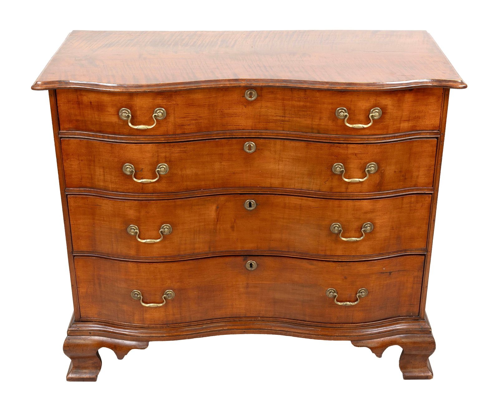 FINE CHIPPENDALE CHERRY AND CURLY MAPLE OXBOW CHEST Possibly New Hampshire, Circa 1775 Height: FINE CHIPPENDALE CHERRY AND CURLY MAPLE OXBOW CHEST Possibly New Hampshire, Circa 1775 Overhanging top with serpentine molded edge. Case with four graduated full-width drawers and ogee bracket feet. H