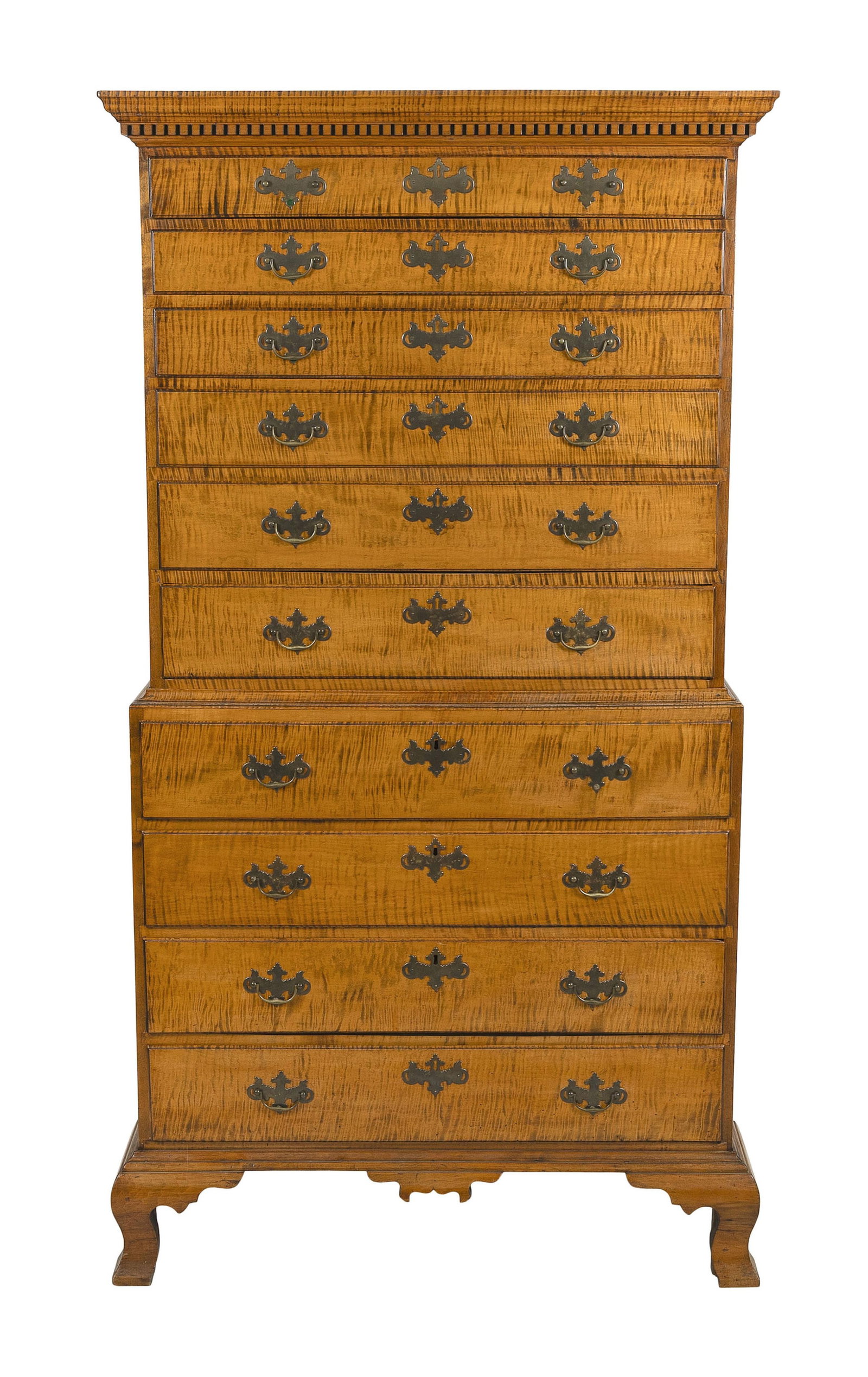 CHIPPENDALE TIGER MAPLE FLAT-TOP CHEST-ON-CHEST Possibly New Hampshire, Circa 1780 Height 75". Width: CHIPPENDALE TIGER MAPLE FLAT-TOP CHEST-ON-CHEST Possibly New Hampshire, Circa 1780 Exceptionally figured. Upper case with a dentil molded cornice and six graduated full-width drawers. Lower case with 