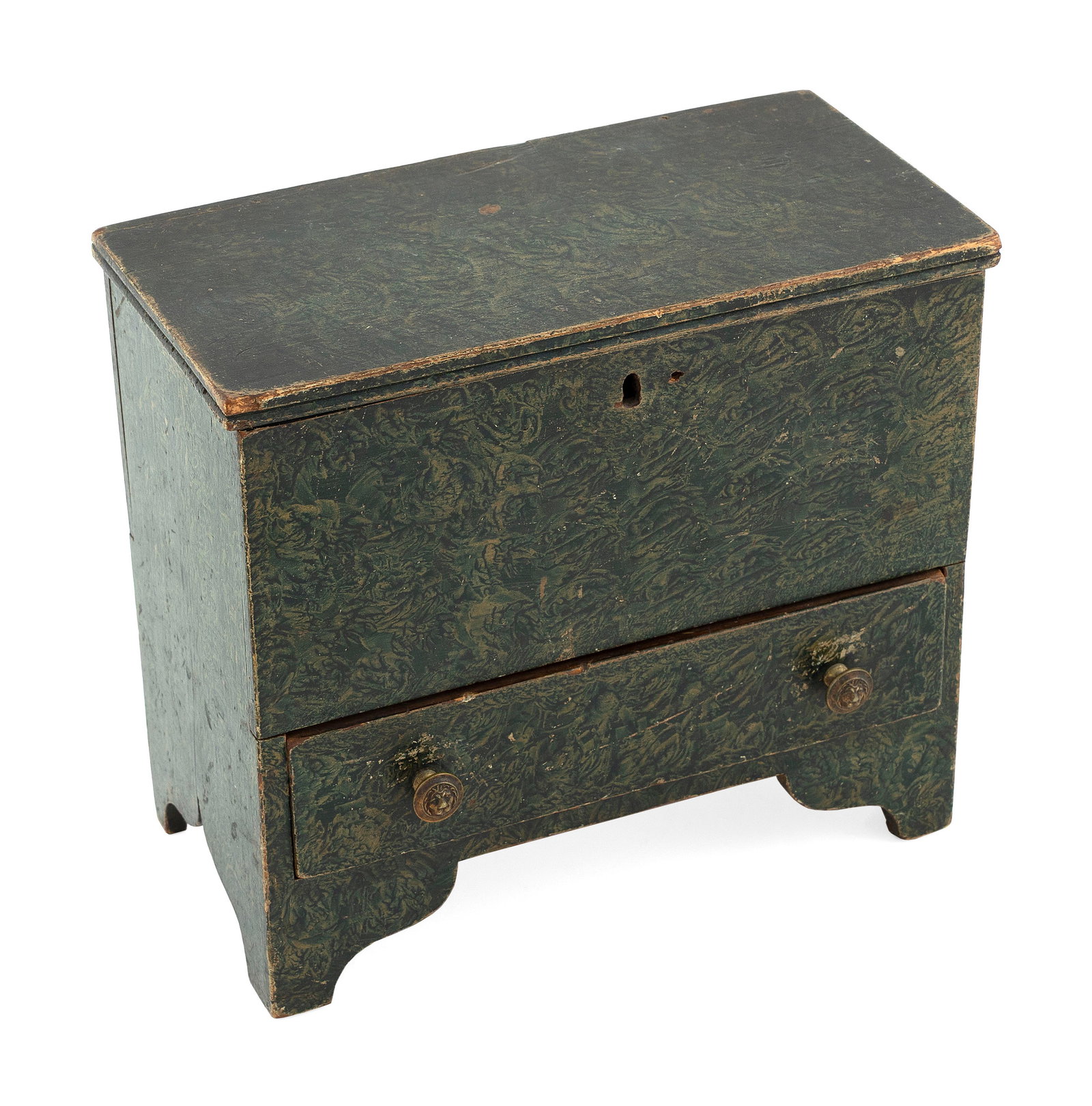 MINIATURE PUTTY-PAINTED PINE CHEST Early to Mid-19th Century Height 8.25". Width 9.5". Depth 4.75".: MINIATURE PUTTY-PAINTED PINE CHEST Early to Mid-19th Century Cream and beige decoration against a green ground. Molded hinged top lifts to reveal an interior till. Full-width dovetailed drawer below c