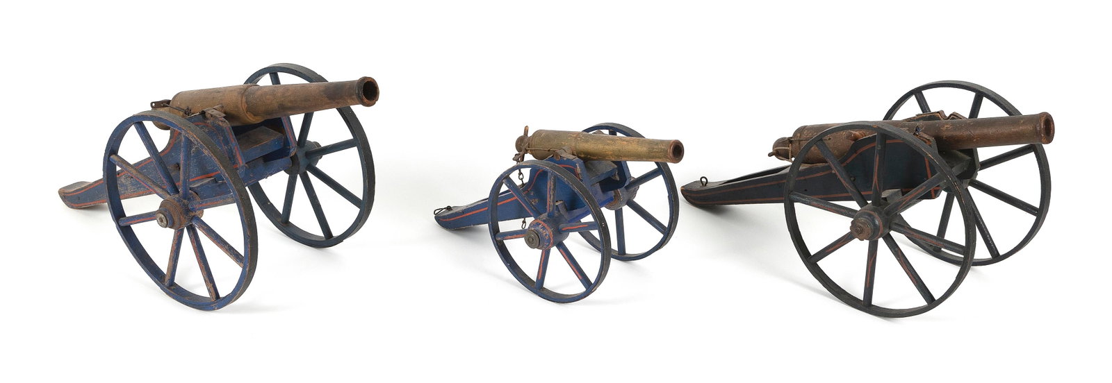 THREE WOODEN CHILD'S CANNONS 19th Century Lengths 15", 20" and 24". (1 of 2)